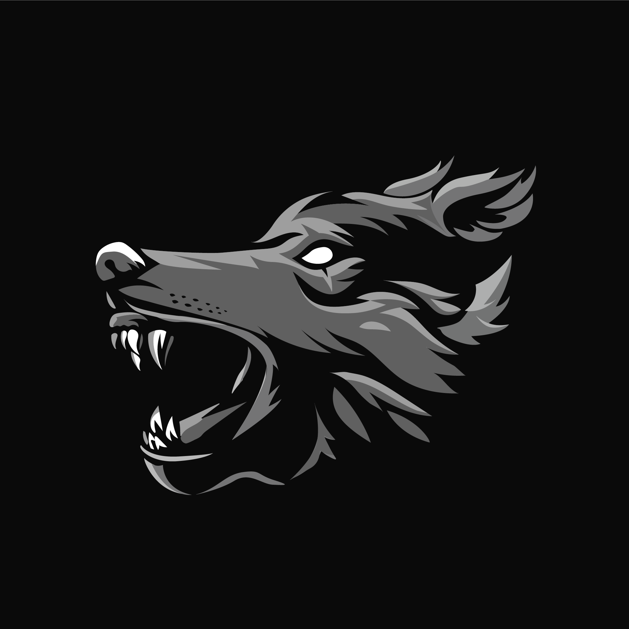 A stylized, aggressive wolf head illustration in shades of gray on a black background, with its mouth open showing sharp teeth.