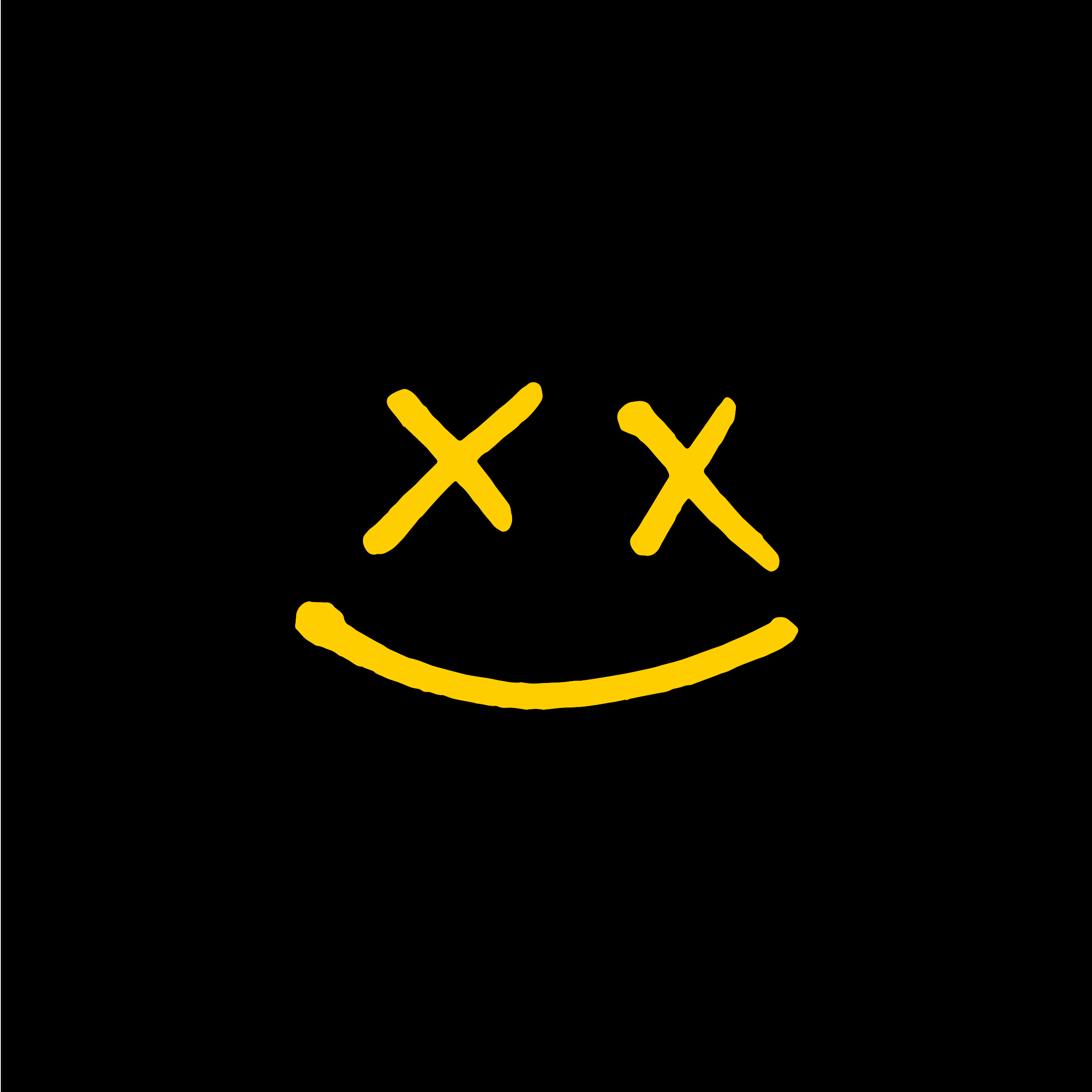 Black background with yellow smiley face, Xs for eyes, and a curved line for a mouth.