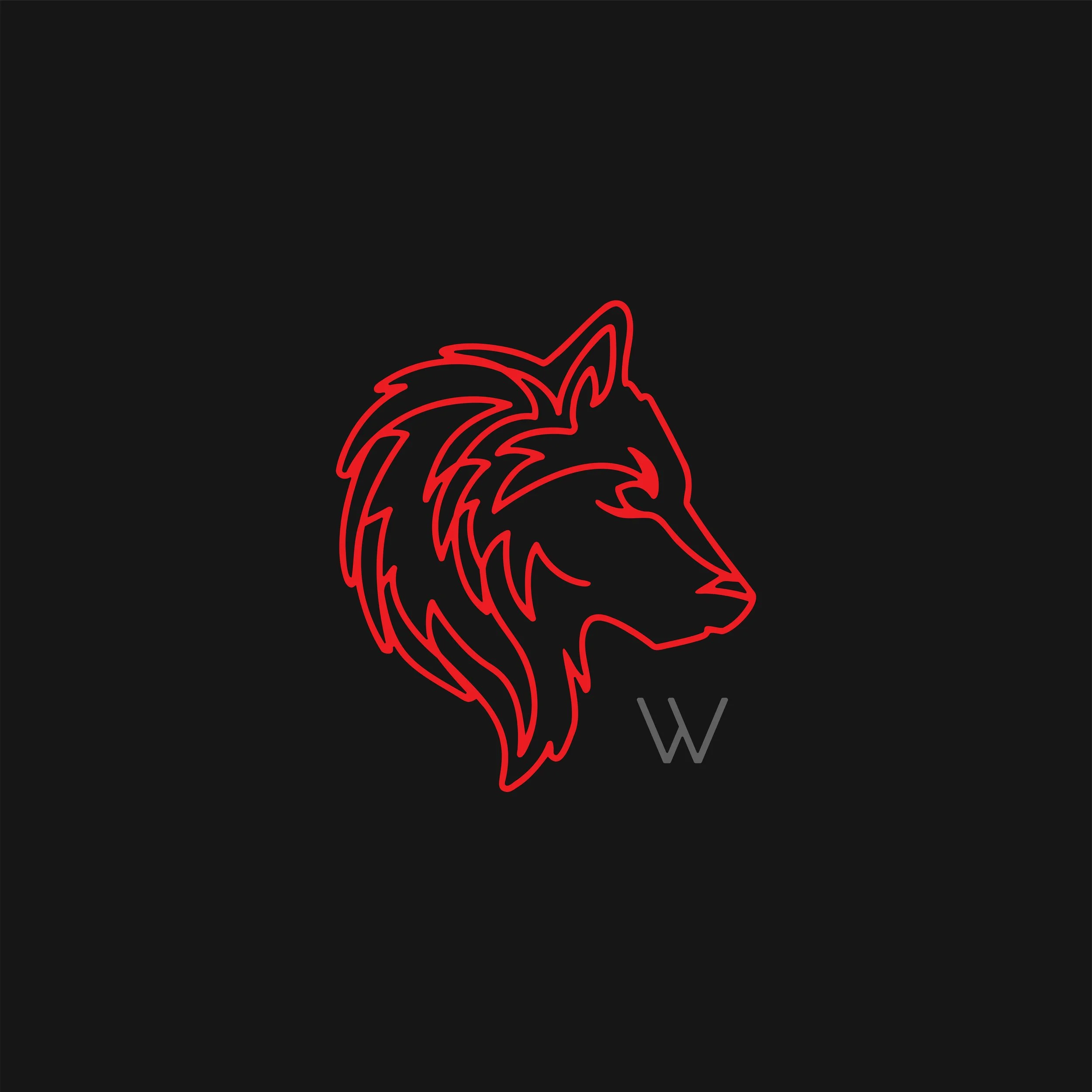 Neon outline of a wolf's head in red on a black background with a gray letter W beneath it.