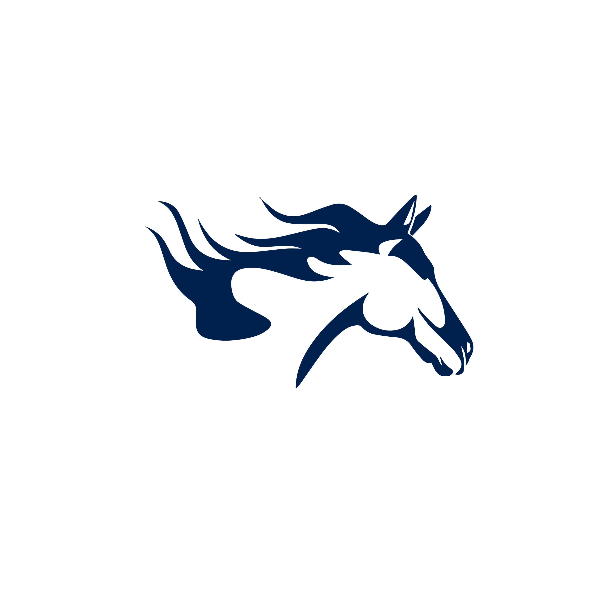 Stylized dark blue unicorn head with fiery mane on a white background.