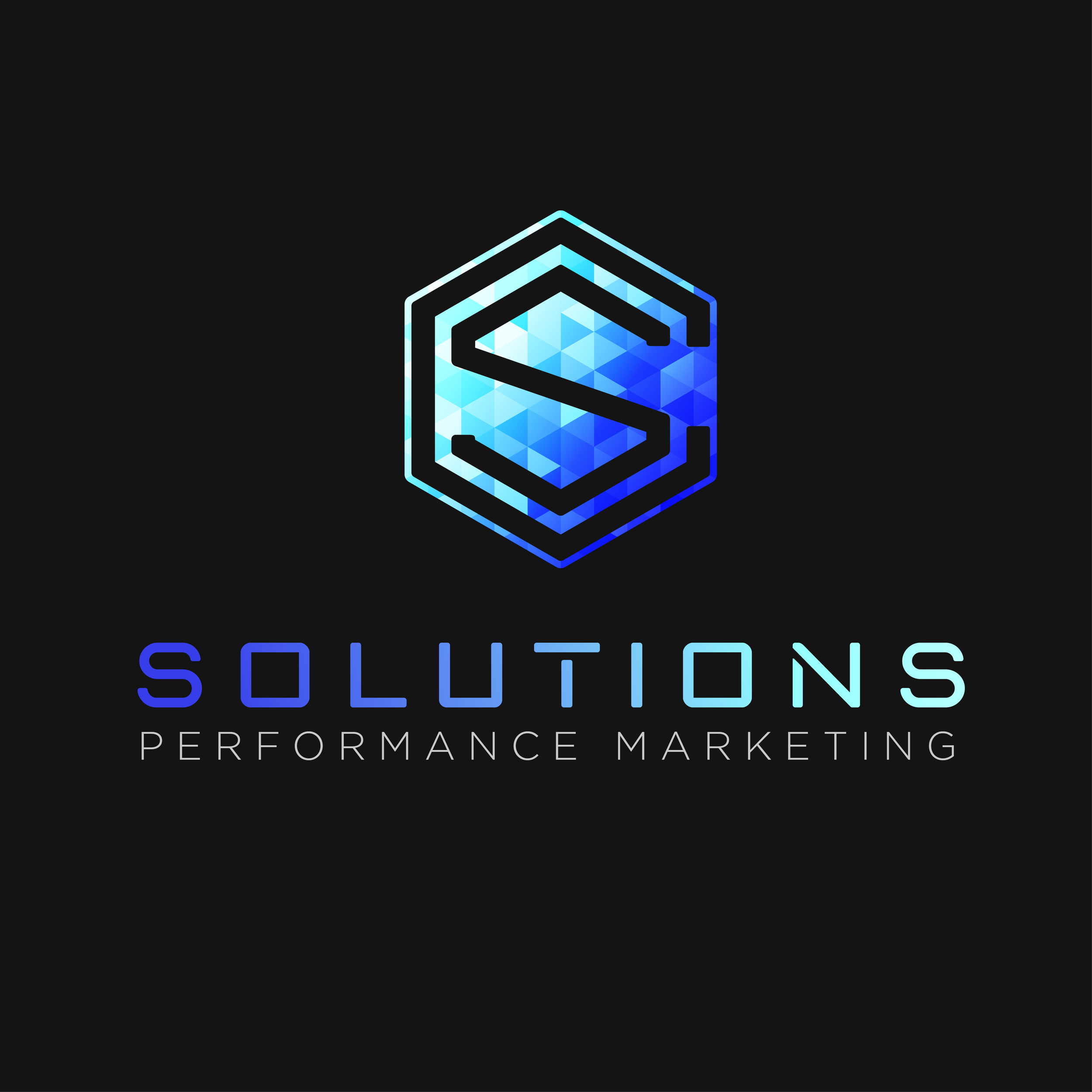 Logo for Solutions Performance Marketing, featuring a geometric shield with a stylized letter S and blue gradient colors on a black background.