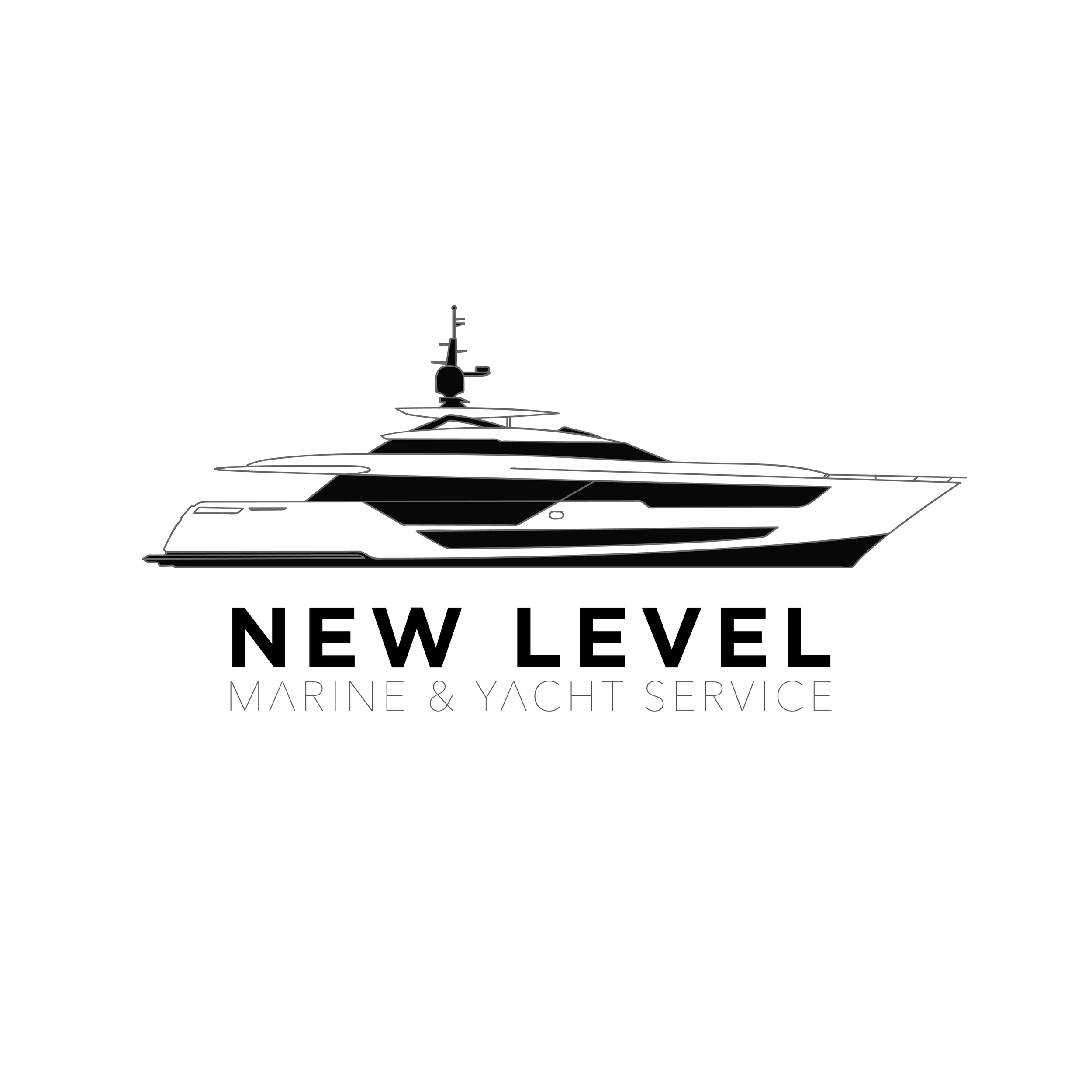 Black and white logo of a yacht with the text 'NEW LEVEL MARINE & YACHT SERVICE' underneath.