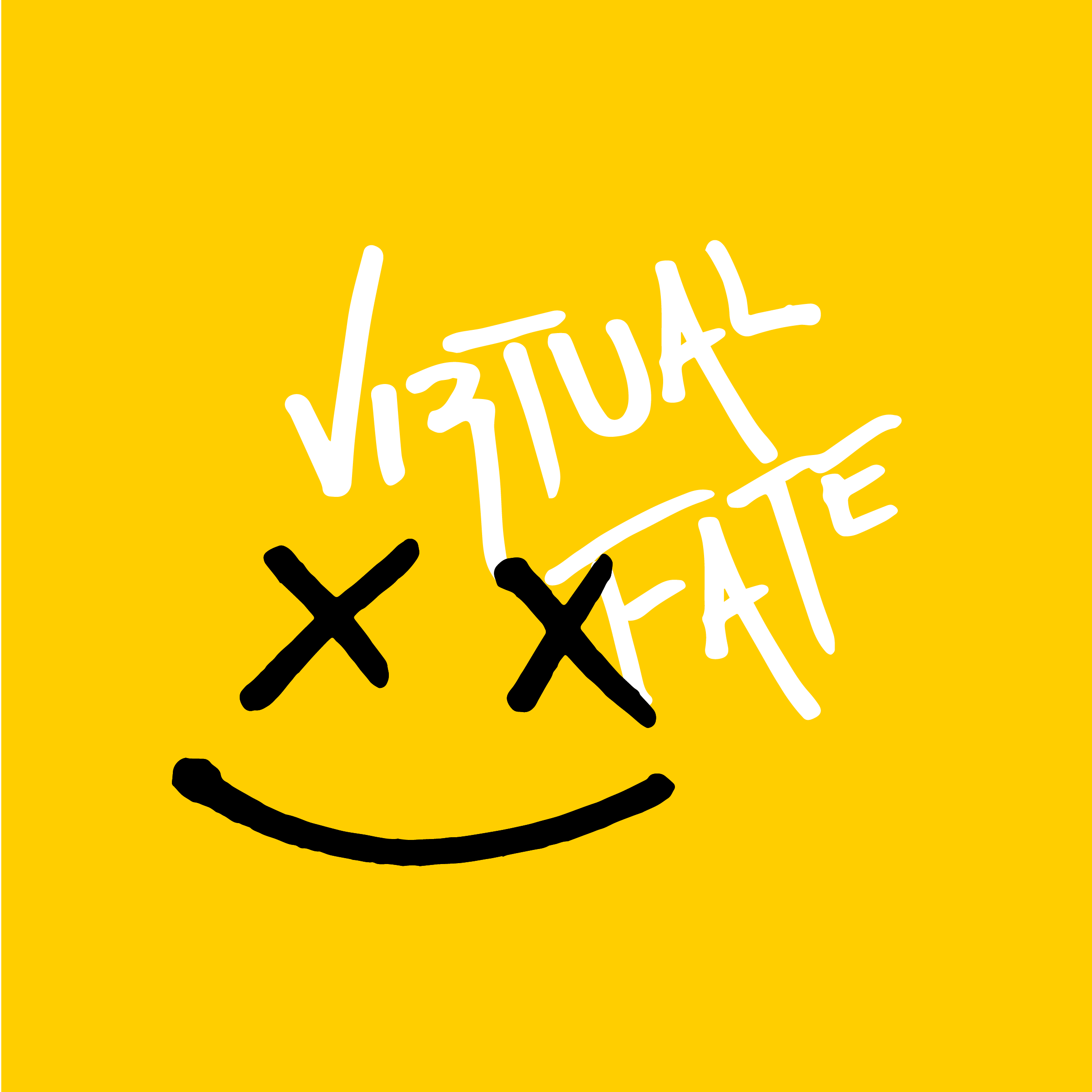 Yellow background with white and black handwritten text and smiley face. The white text reads 'VIRTUAL' and 'FACE', with the 'V' and 'A' stylized, and the black text shows two 'X's for eyes and a smile.