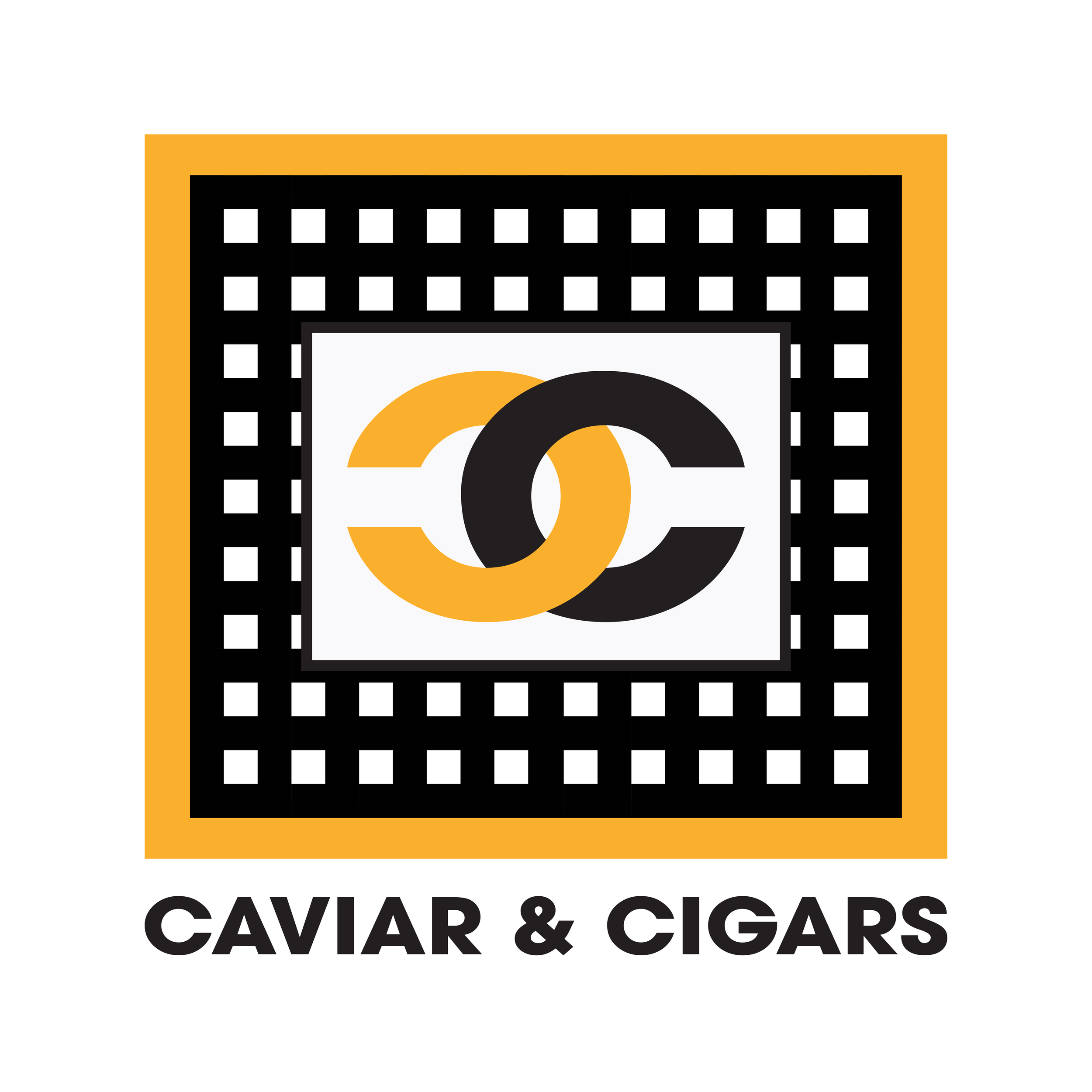 Logo for Caviar & Cigars featuring a black and gold intertwined 'C' with a checkered border, and the text 'CAVIAR & CIGARS' underneath.