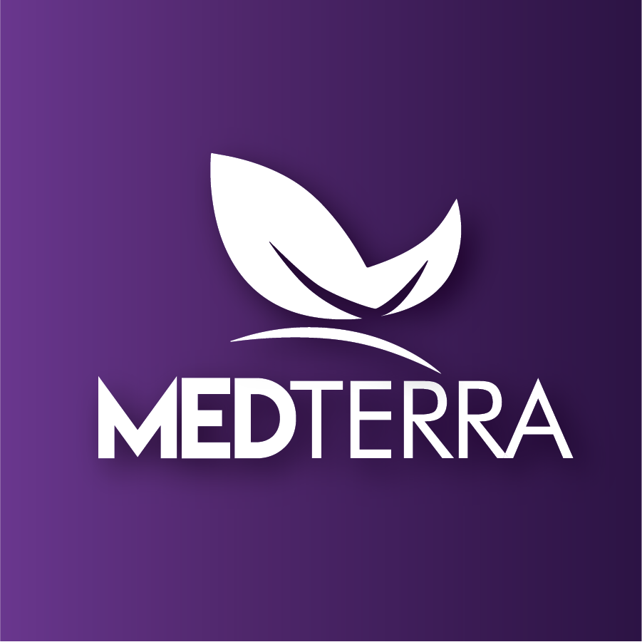 A logo featuring two white leaves with curved lines on a purple gradient background, with the word 'MEDTERRA' written below.