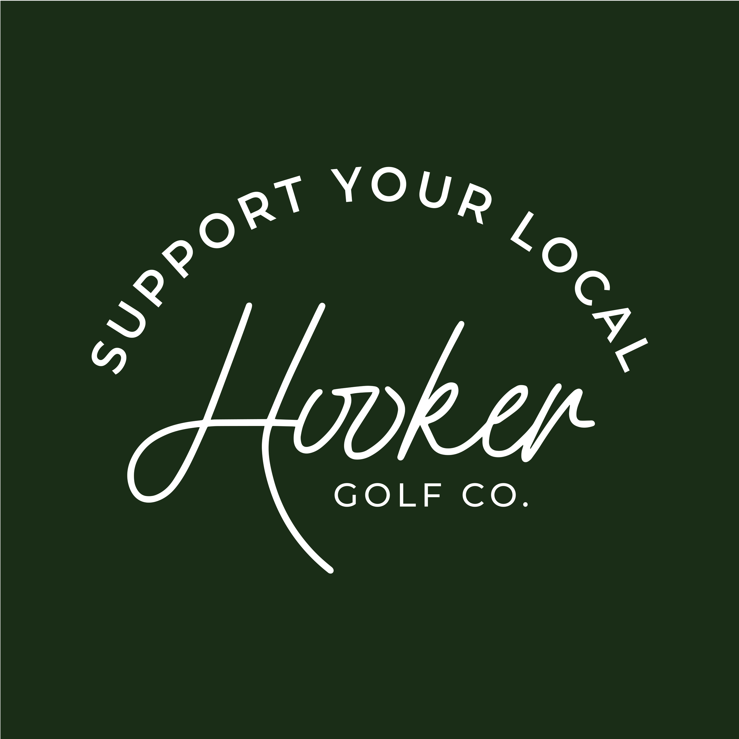 Logo for Hooker Golf Co., with the text 'Support Your Local Hooker Golf Co.' on a dark green background.