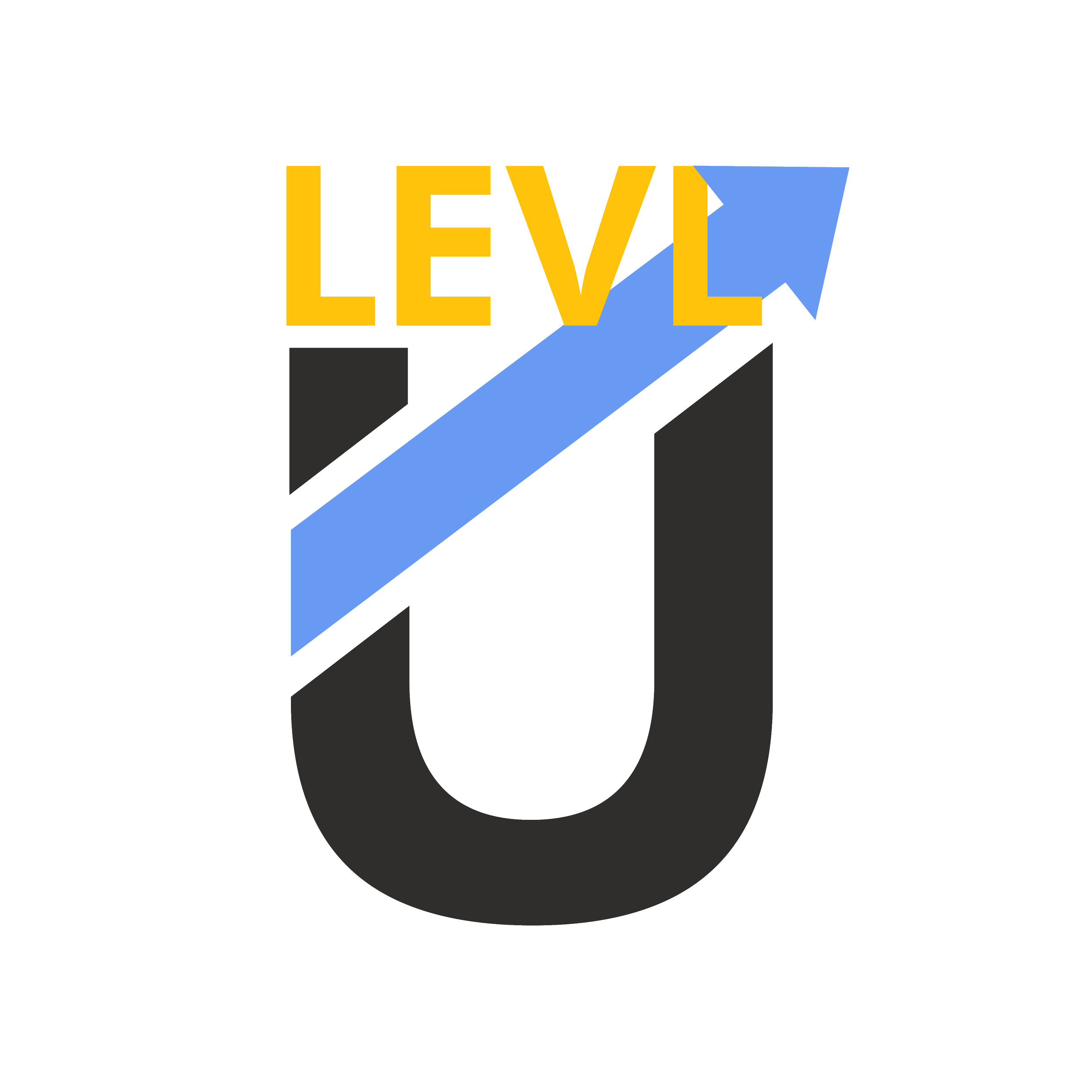 Graph with an upward arrow and the words "LEVEL UP" in yellow letters above the arrow.