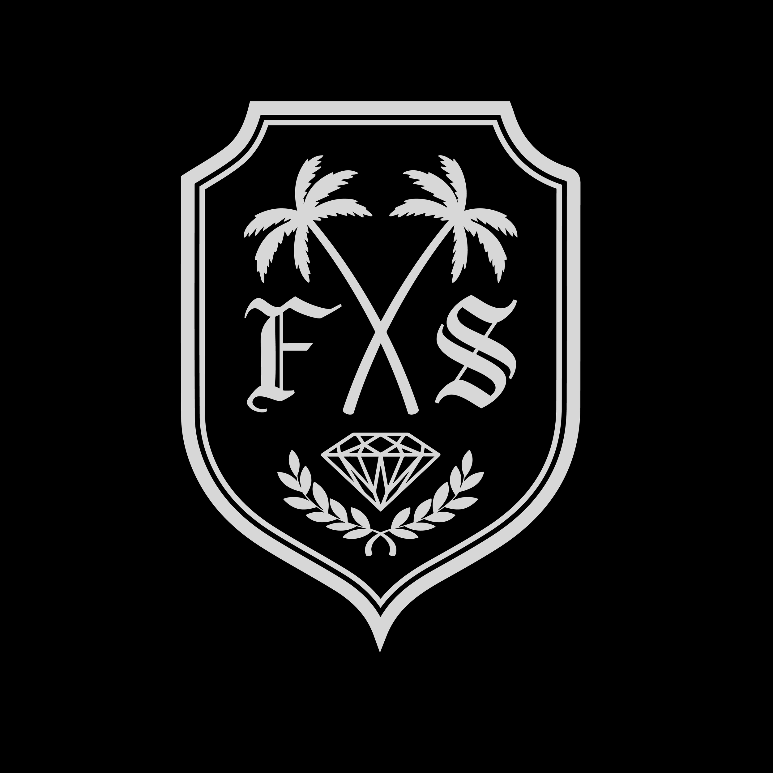A black and gray emblem featuring two crossed palm trees, the letter 'F' on the left, the letter 'S' on the right, a diamond below, and a laurel wreath surrounding the diamond.