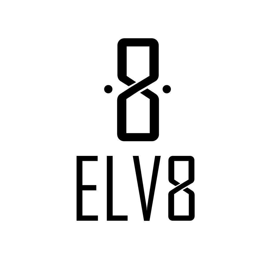 A black and white logo with a stylized number 8 above the word "ELV8" in bold letters, with the number 8 integrated into the text design.