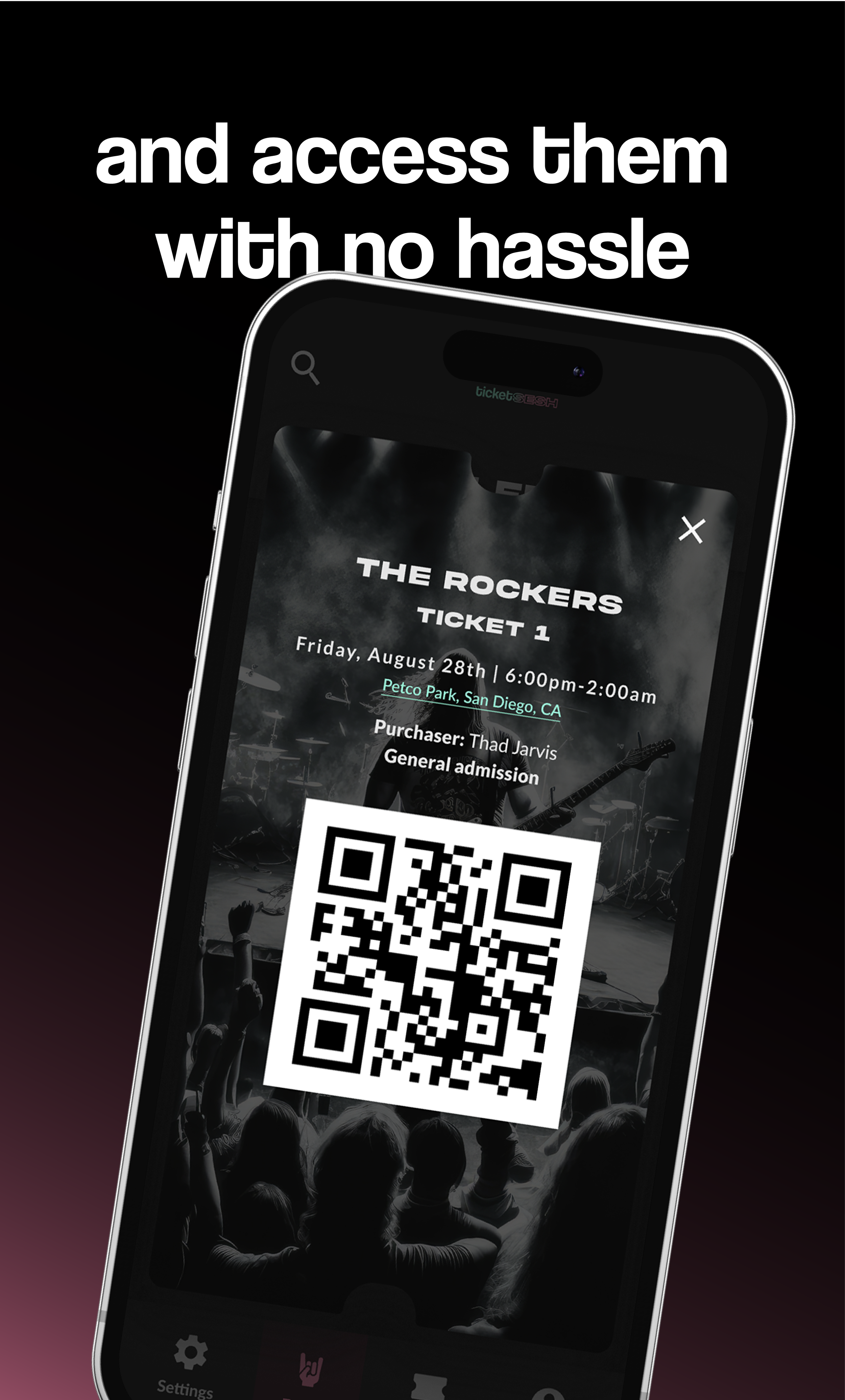 A smartphone displaying a concert ticket with a QR code for The Rockers at Petco Park in San Diego, CA.