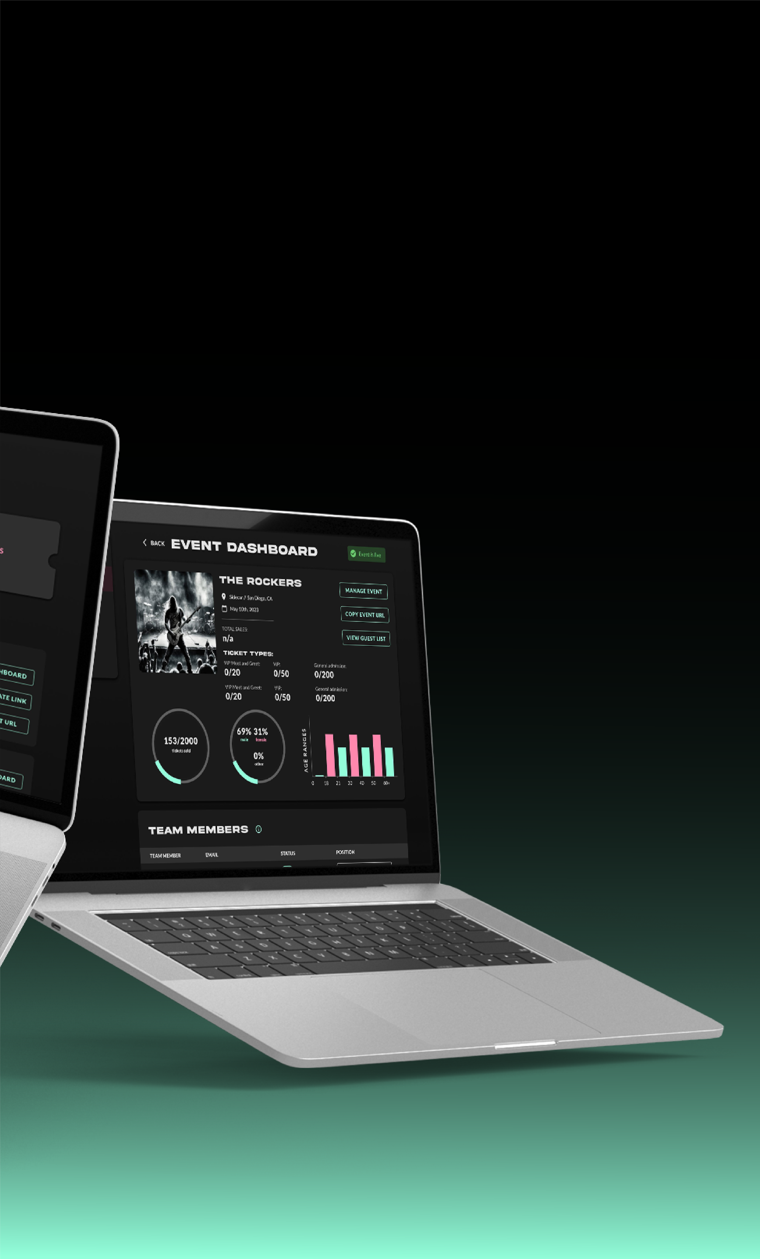 Laptop displaying an event dashboard with charts and manage options in a dark-themed interface.