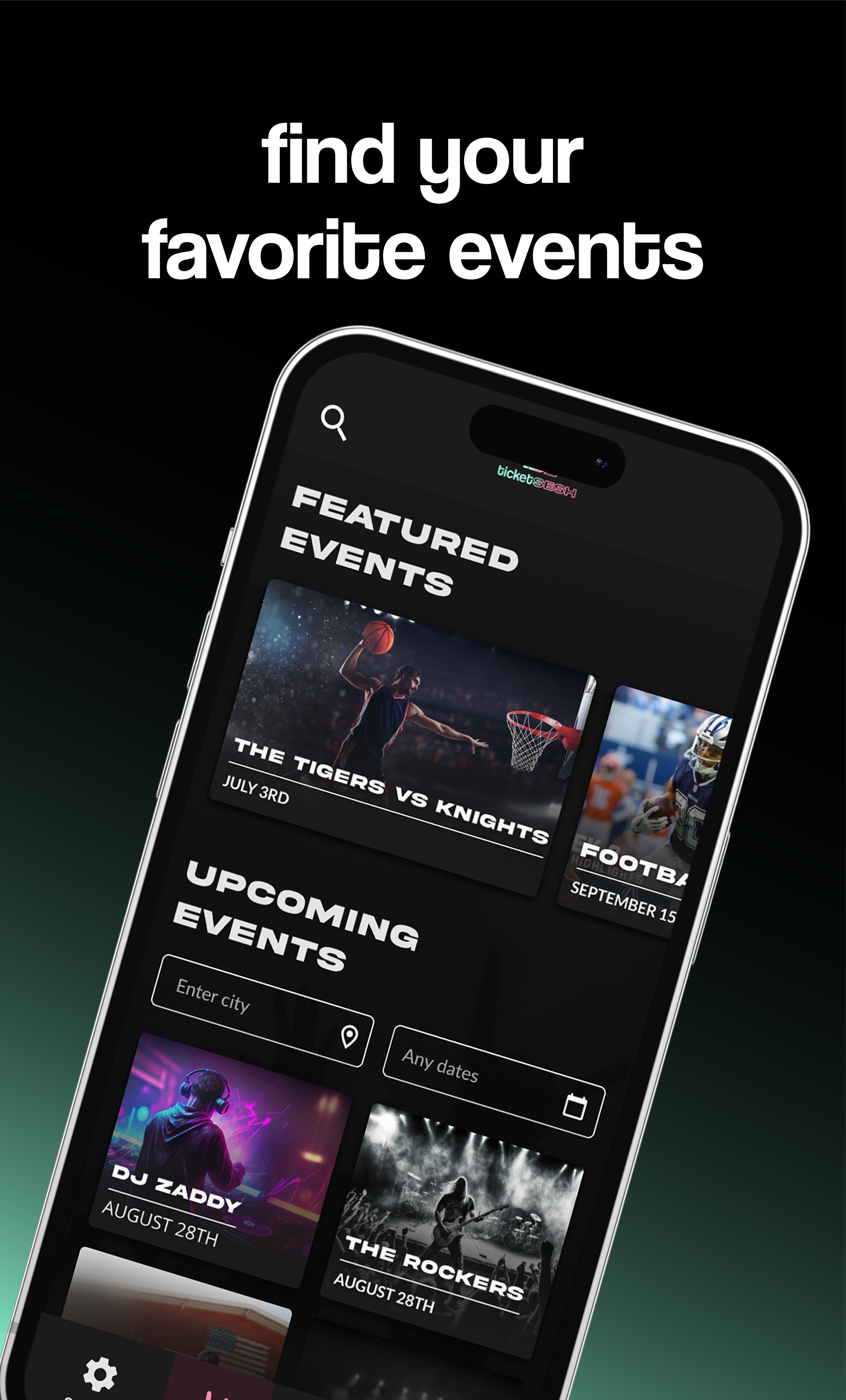 Smartphone displaying event ticketing app with featured and upcoming events, including sports and music concerts.