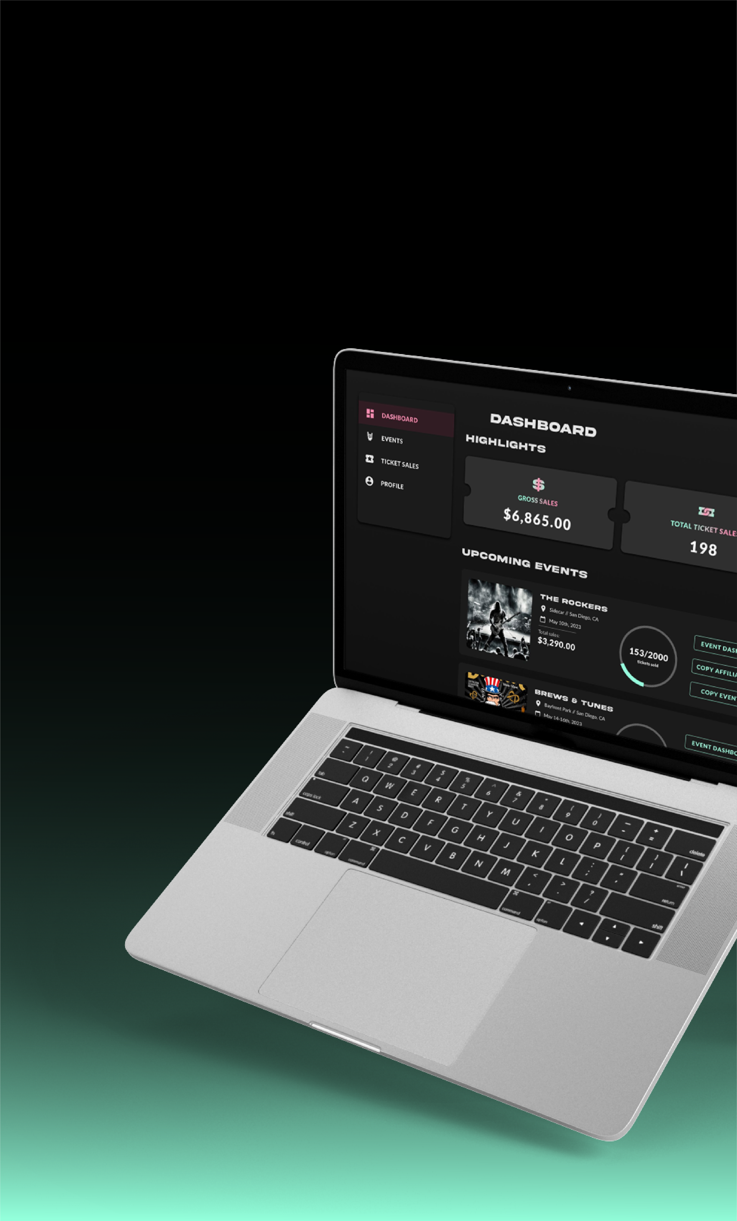 A silver laptop displaying a digital dashboard with event and sales data against a dark to light green gradient background.