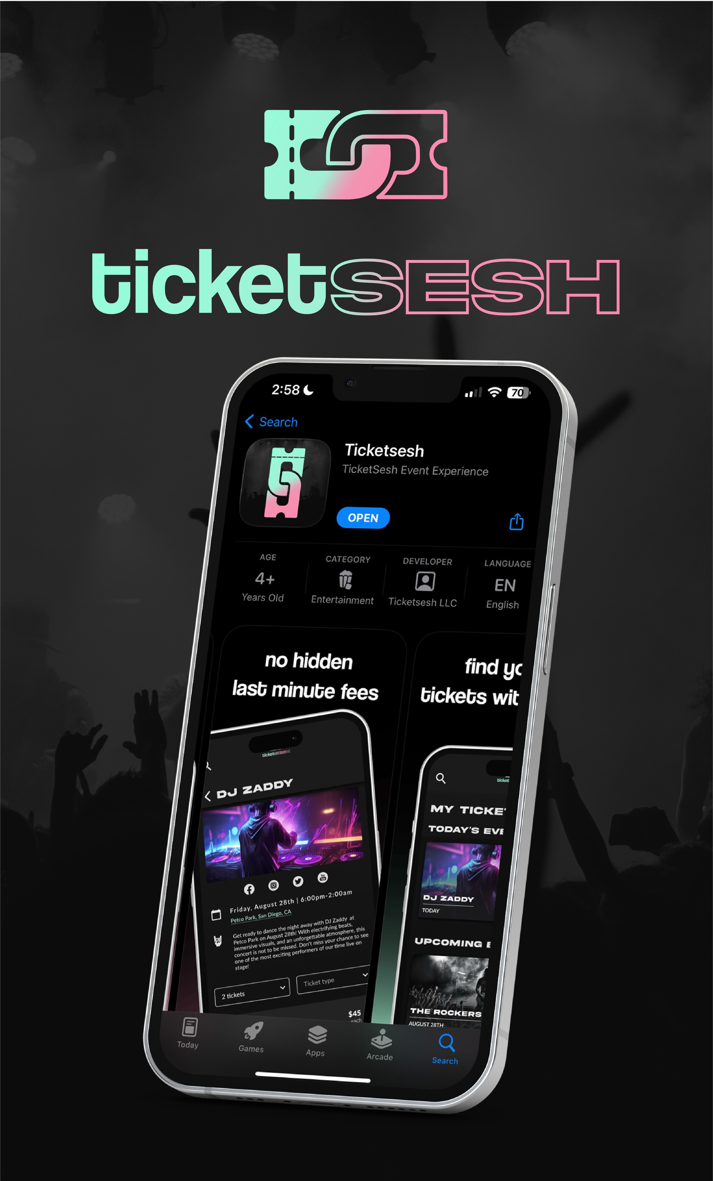 Digital graphic of the TicketSesh app logo and interface, showing event listings on a smartphone screen with a background of a concert crowd with raised hands.