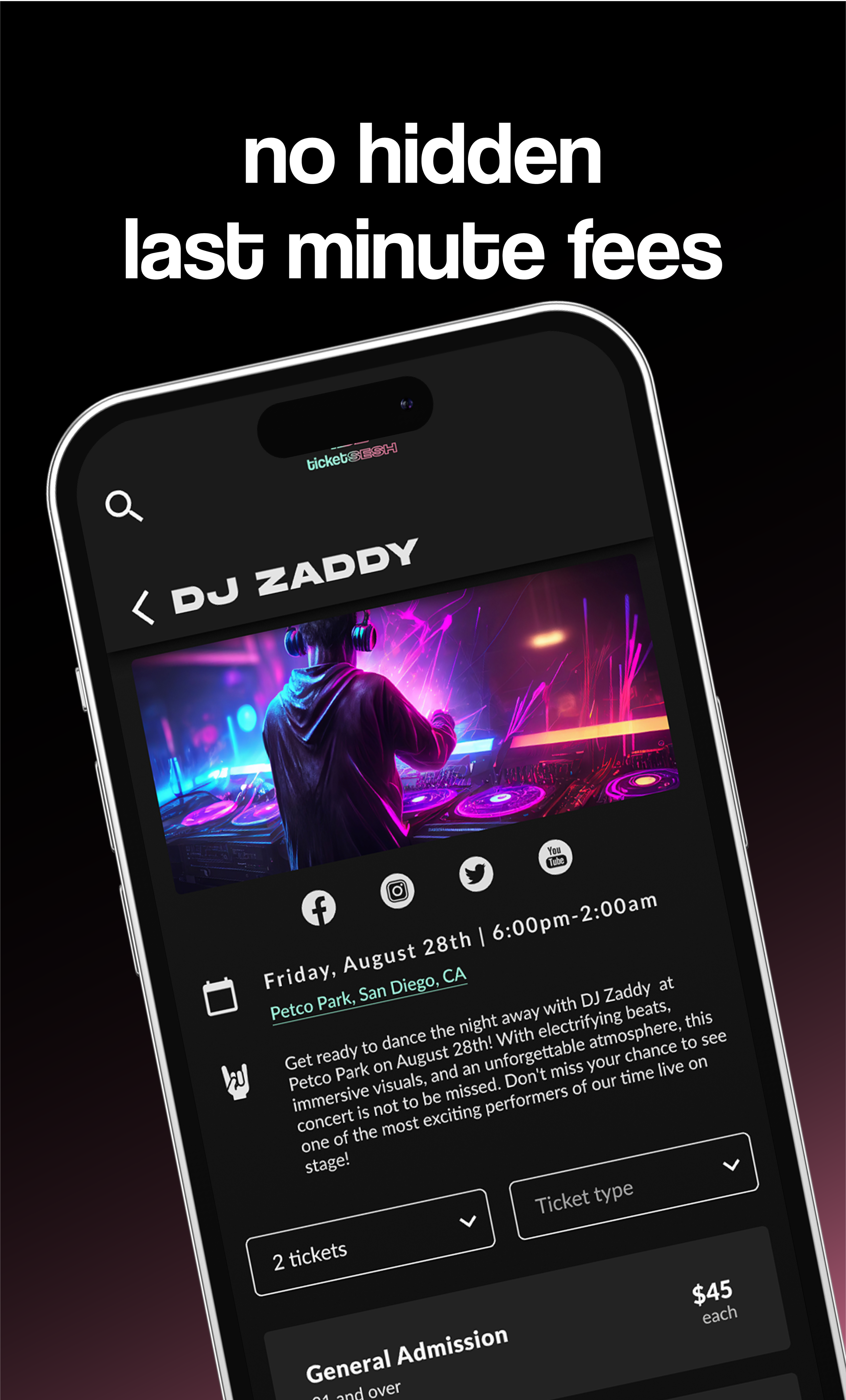Smartphone screen showing an event ticket for a DJ performance by DJ Zaddy at Petco Park in San Diego, CA, on August 28th from 6:00 pm to 2:00 am, with a dark background and colorful graphics of a DJ at a turntable.