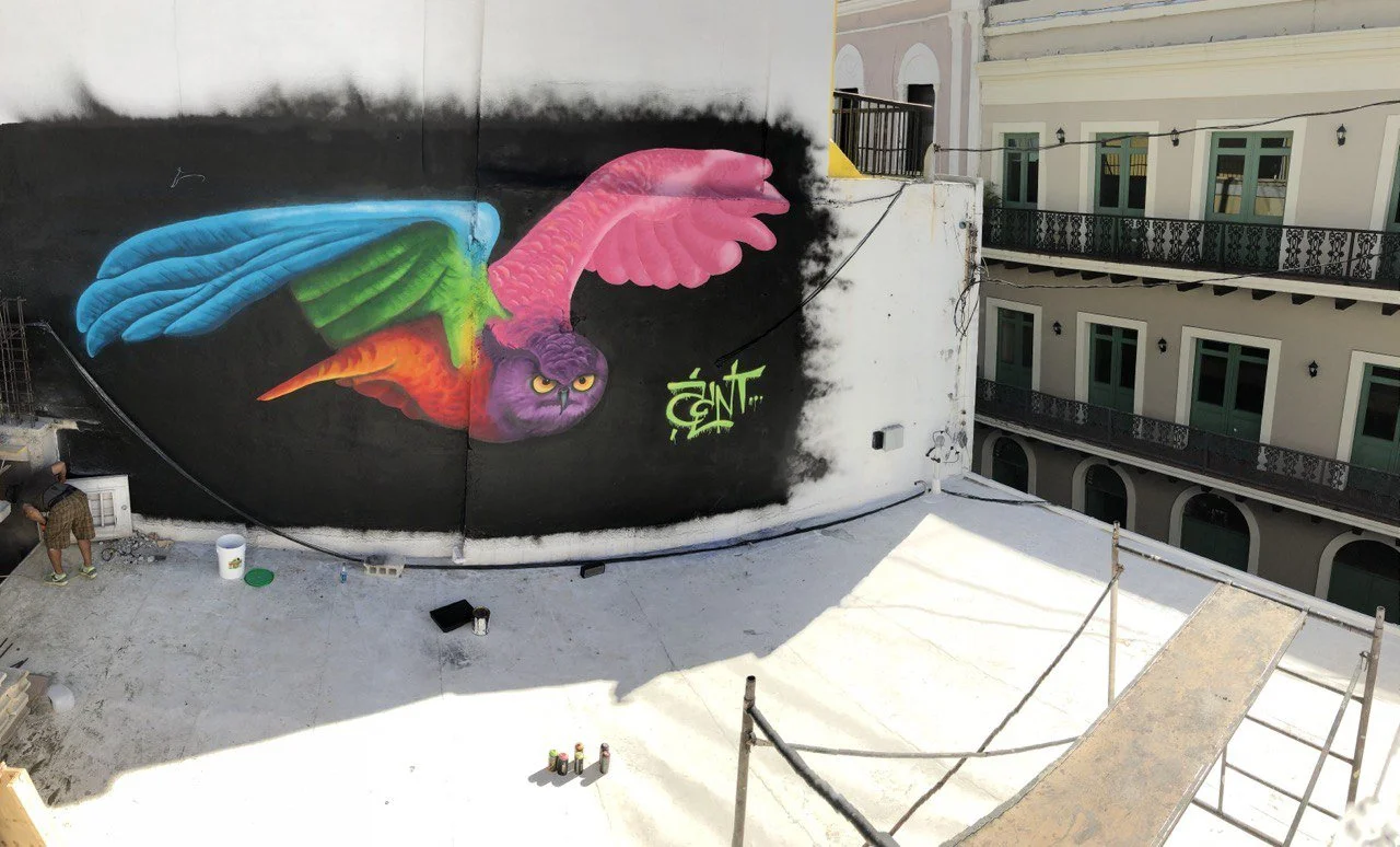 Colorful graffiti of a winged purple cat with pink, blue, green, and orange wings on a black background on a rooftop wall.