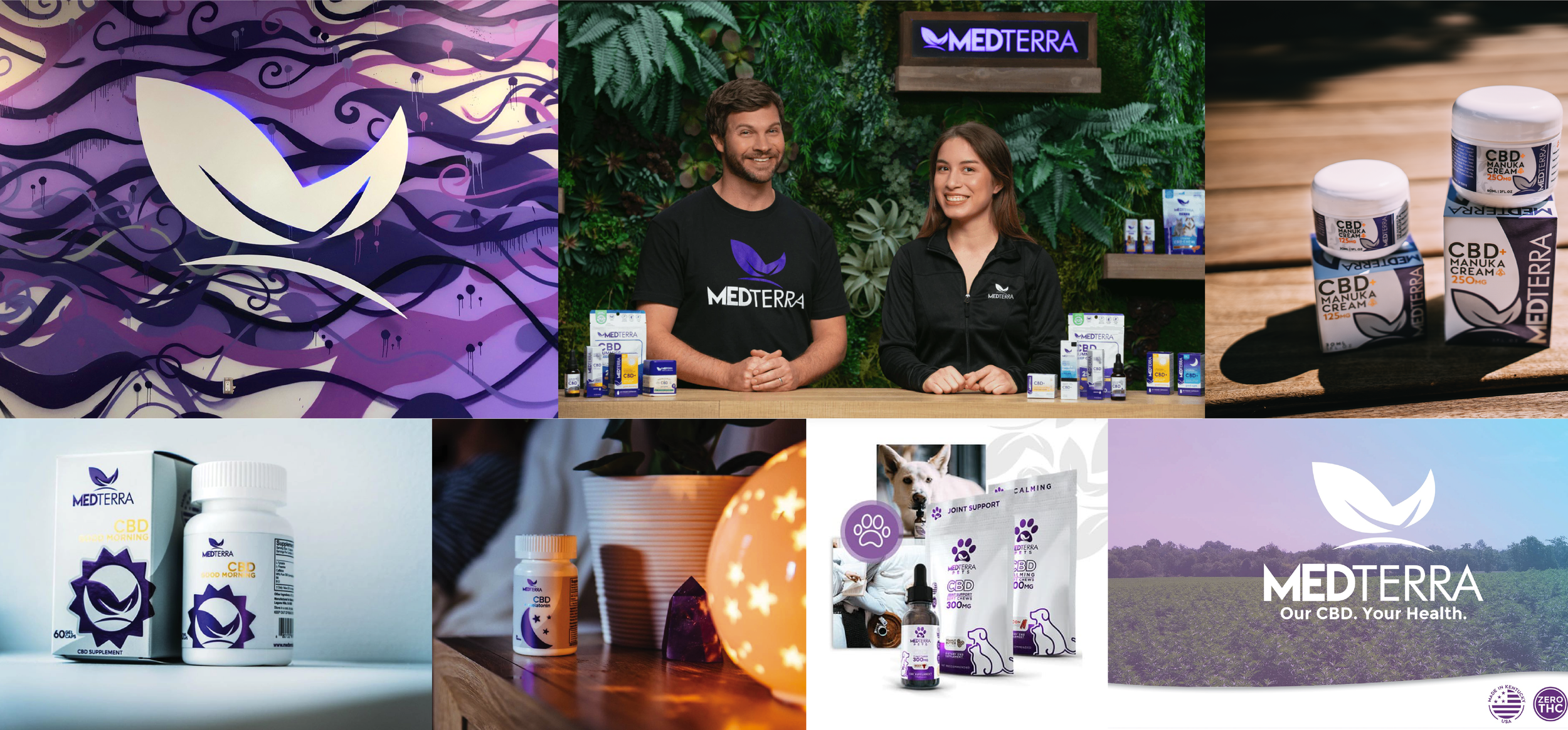 Collage of CBD products from Medterra, featuring bottles, packages, and jars displayed on various surfaces, with a promotional photo of two smiling representatives behind a table of products, and branding elements including a logo with a leaf and the