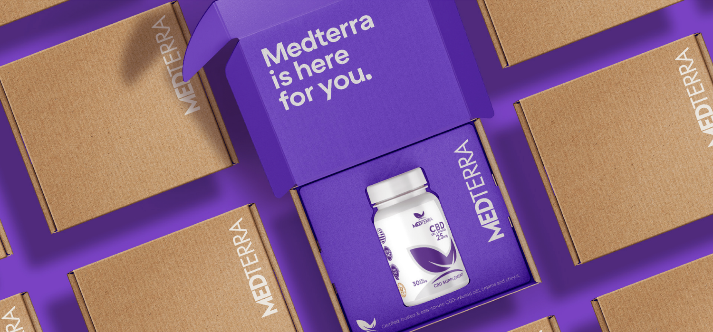 A white bottle labeled Medterra CBD supplement with a purple leaf logo, inside a purple box with the text "Medterra is here for you." surrounded by closed brown cardboard boxes with the Medterra logo.