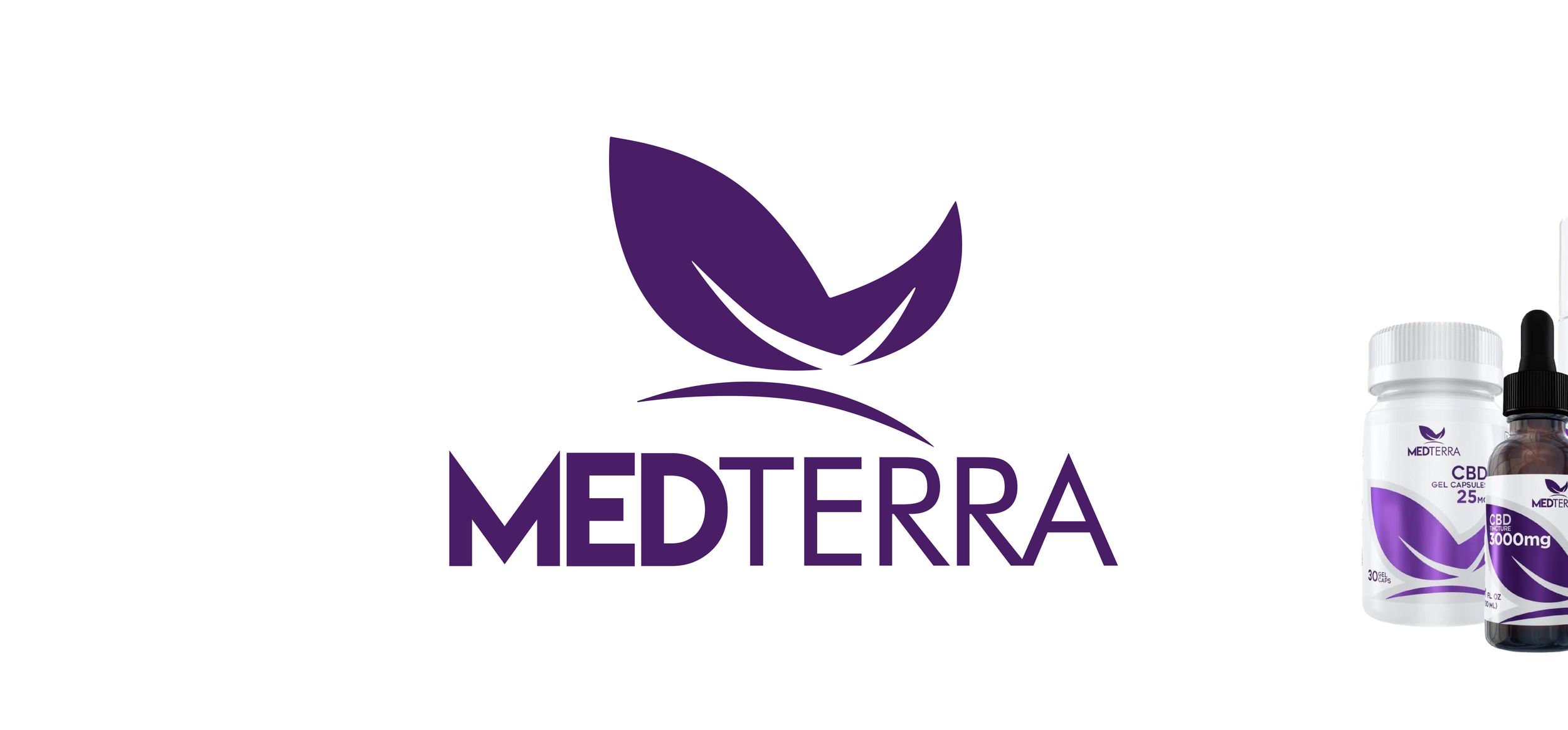 Medterra logo with purple leaf design and text, next to bottles of CBD gel capsules with purple and white labels.