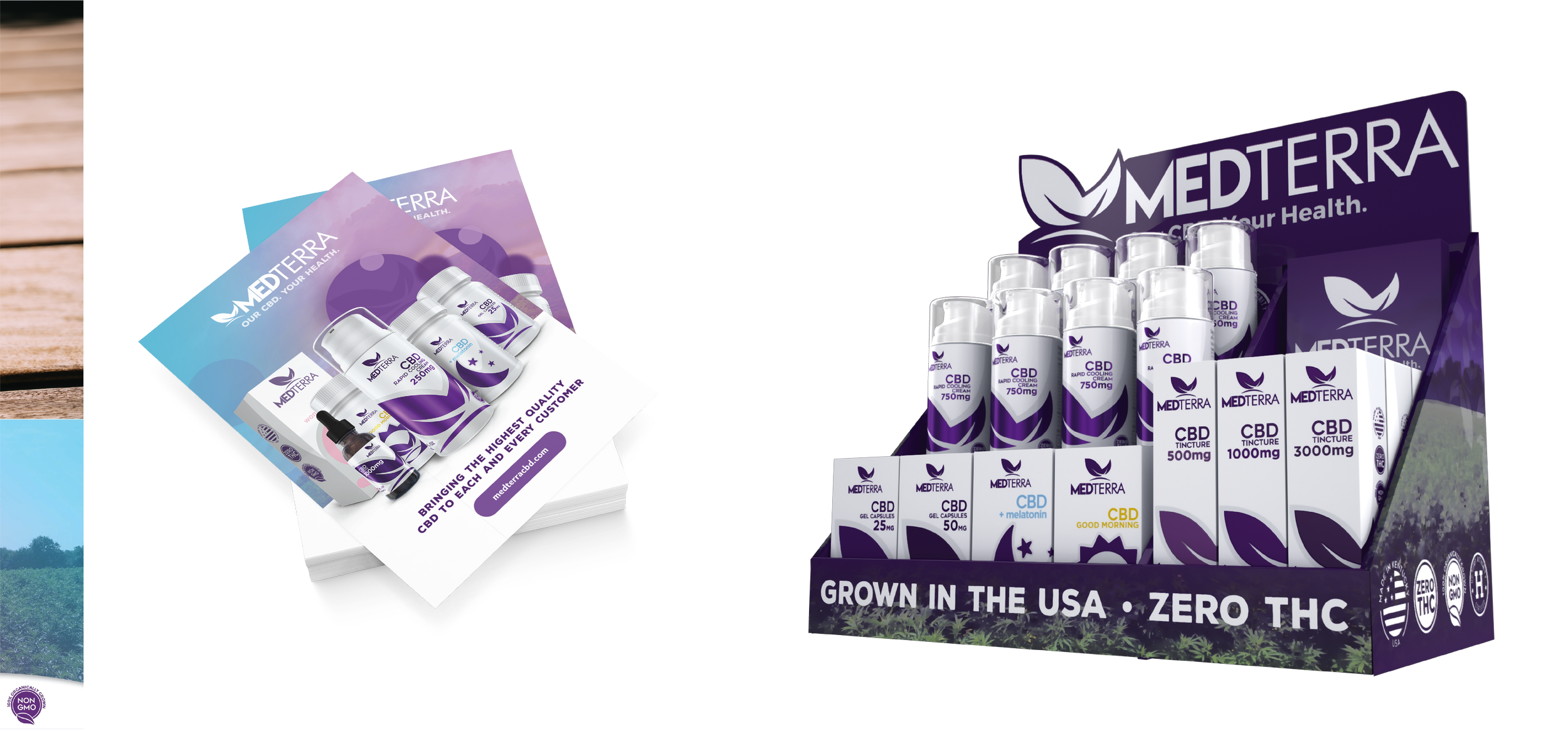 Display of Medterra CBD products including bottles of CBD oil and tinctures in a stand with branding.