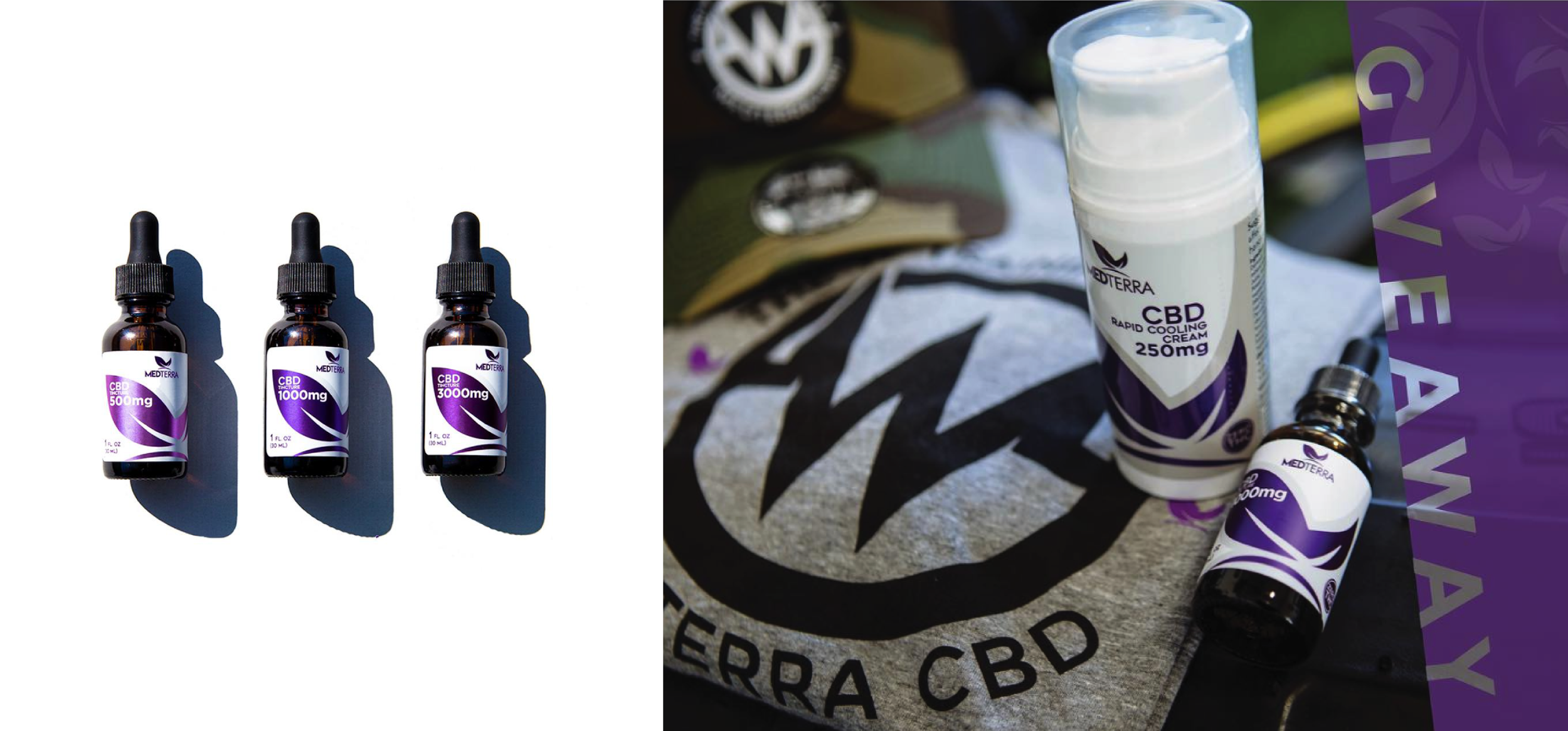 Cannabidiol (CBD) products including three liquid bottles labeled 500mg, 1000mg, 3000mg on a white background and a second arrangement with a CBD rapid cooling cream bottle labeled 250mg and a smaller CBD oil bottle on a cloth with a logo.