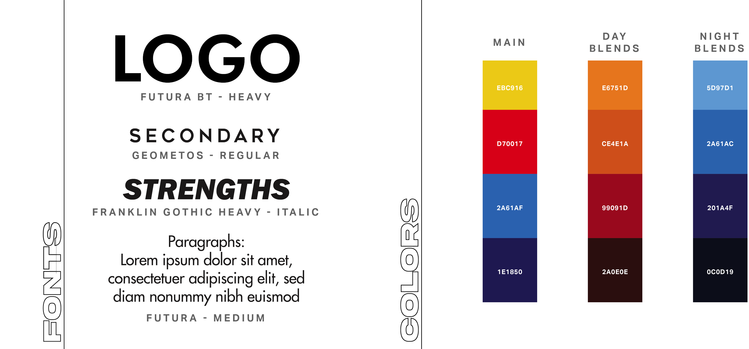 A preview of a color palette with colormap labels, next to a section of text detailing font styles and paragraph information for a design template.