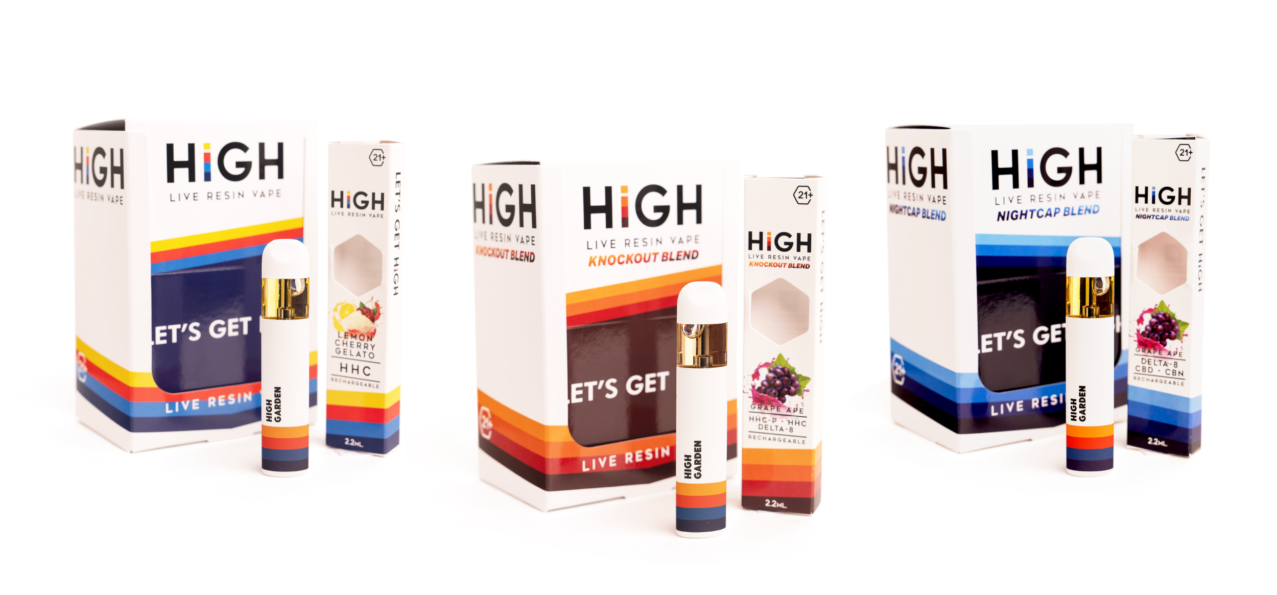 Three boxes of high live resin vape products labeled Let's Get, Knockout, and Nightcap Blend beside vape pens.