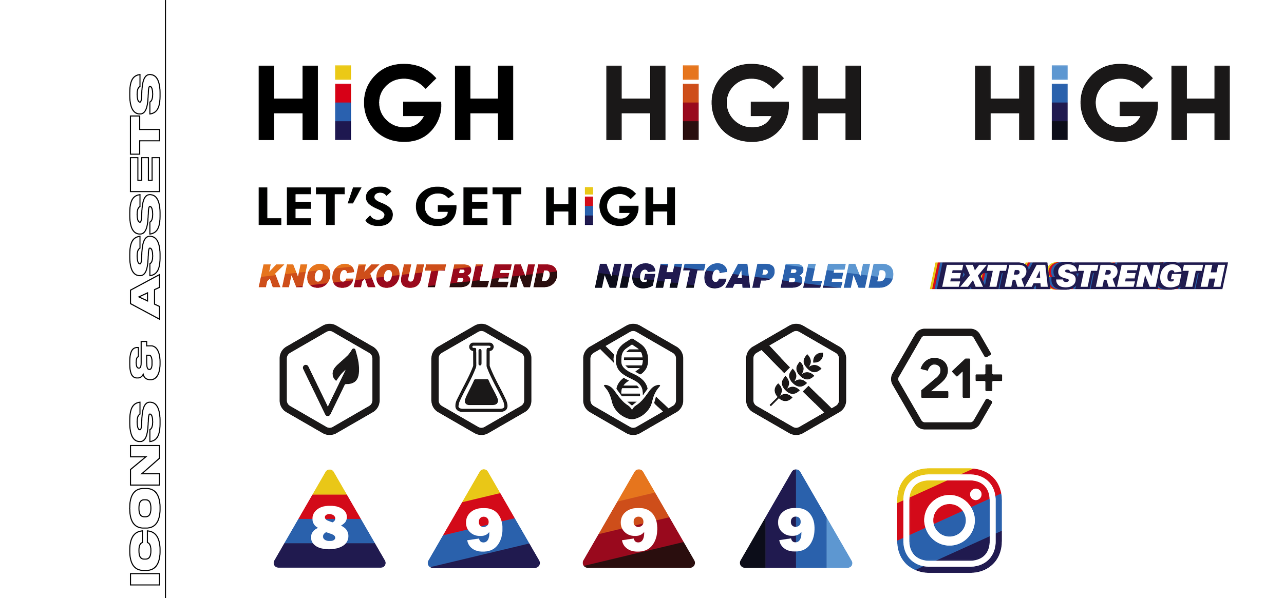Labels for high, let’s get high, knockout blend, nightcap blend, and extra strength cannabis strains, with THC levels of 8 or 9, and icons indicating testing, lab, DNA, and wheat, plus a 21+ age restriction and an Instagram logo.