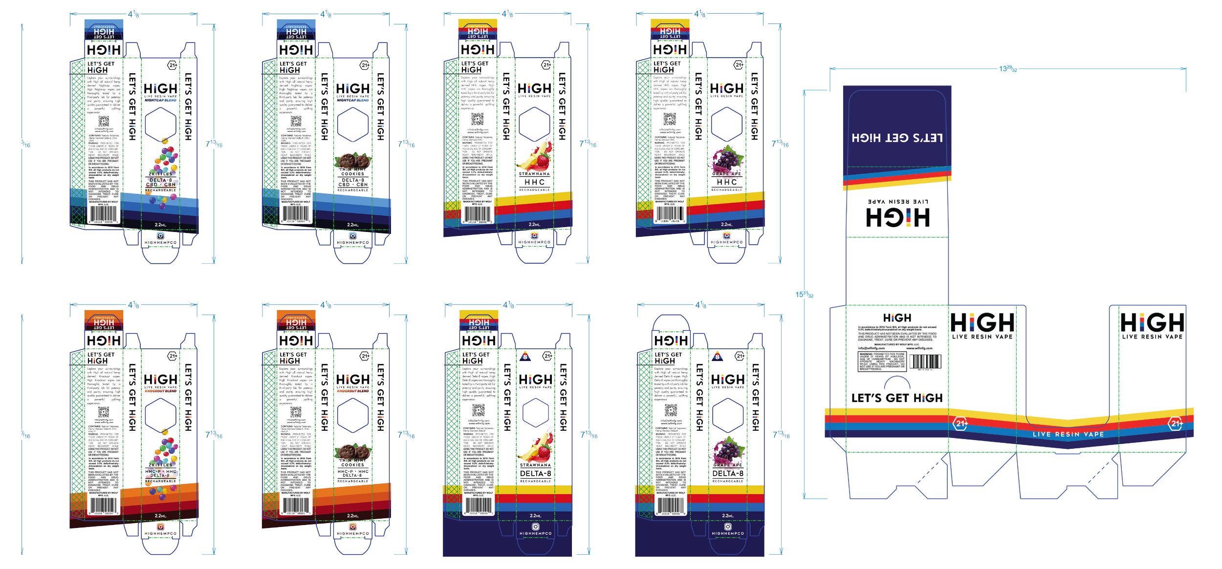 Template design layout for vape product packaging labeled 'HGH Live Resin Vape' with branding 'Let's Get High' and colorful rainbow stripes, showing multiple panels of the package with dimensions and design details.
