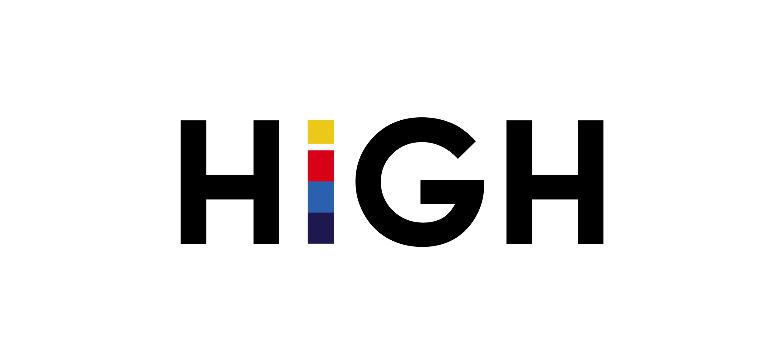 The word "HIGH" with the letter "I" composed of vertically stacked colored bars in yellow, red, blue, and purple.
