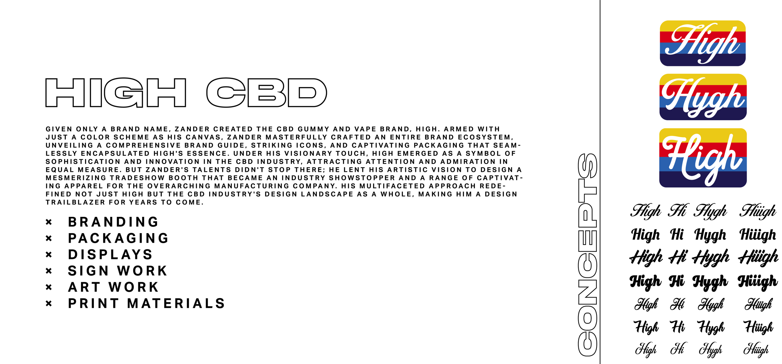 An informational sheet showcasing branding designs for High CBD, featuring colorful logo variations and different font styles for the word 'High'.