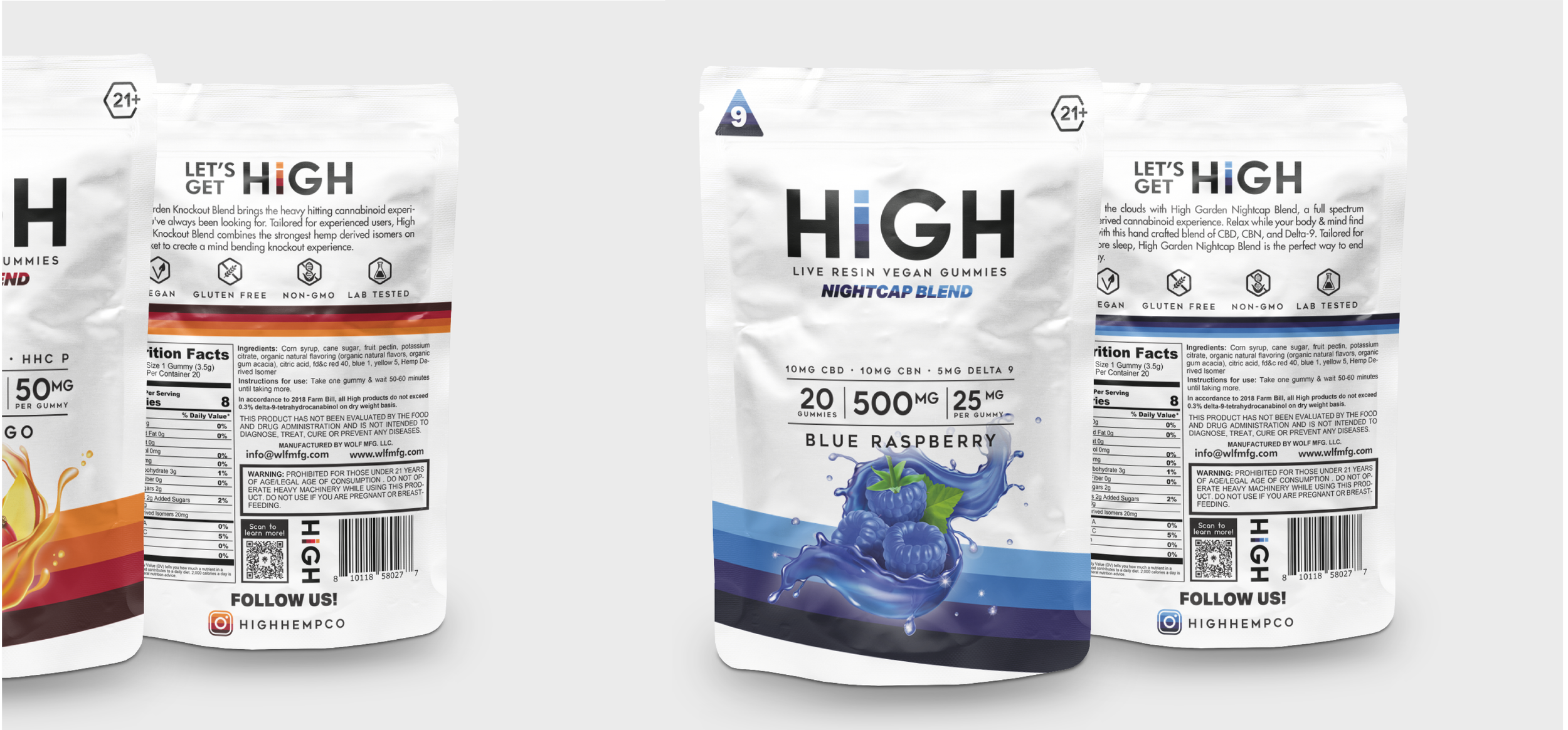 Three packages of High Hemp vegan gummies with blueberry flavor, named Live Resin Nightcap Blend, featuring ingredients and nutritional information.