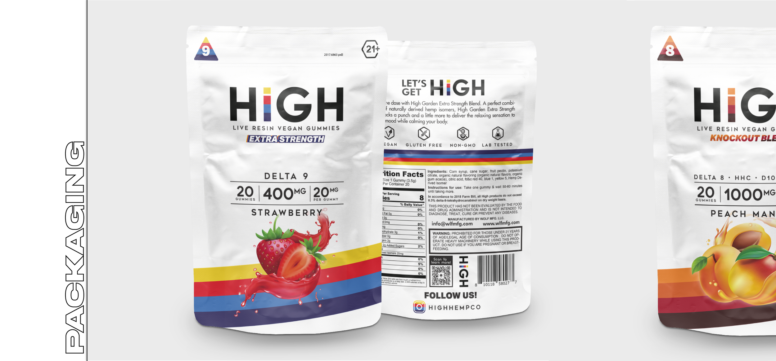 Three packages of HIGH live resin vegan gummies with different flavors: Delta 9 Strawberry, Delta 8 Peach Mango, and another flavor. The packages are white with colorful accents and images of strawberries and peaches.