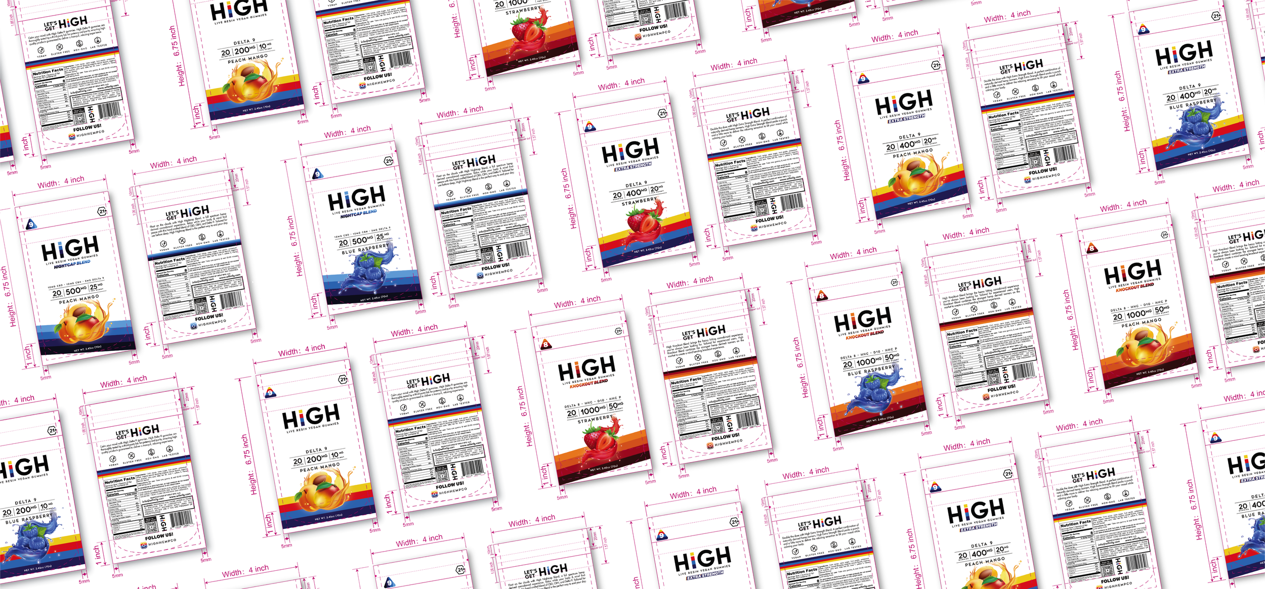 Pattern of snack packages for HiHigh brand, featuring various flavors including Peach Mango, Blueberry, Strawberry, and Blue Raspberry, arranged on a grid with pink measurement markings.