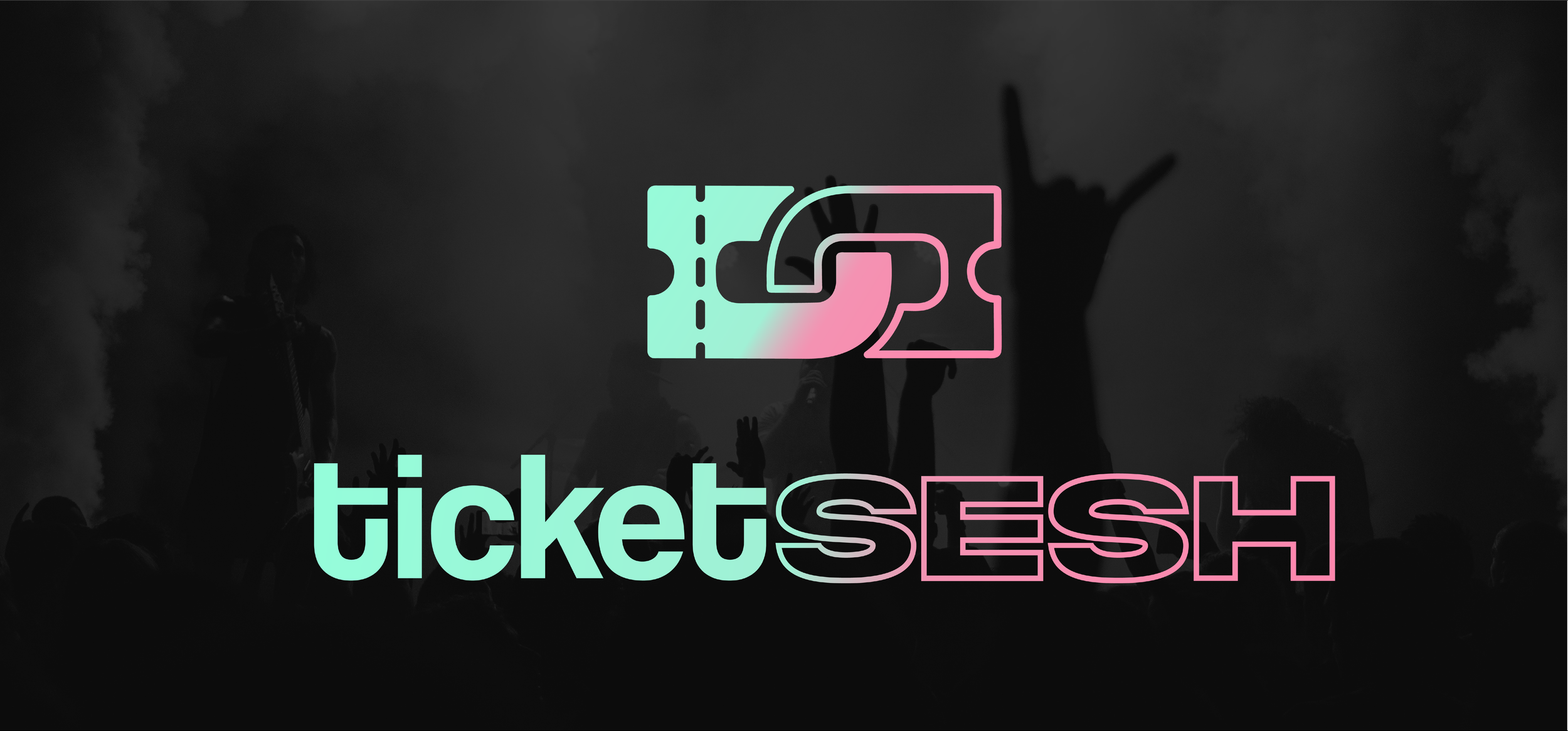 Graphic design featuring ticket icons and the text 'ticketsesh' on a dark background with silhouettes of a crowd and smoke.