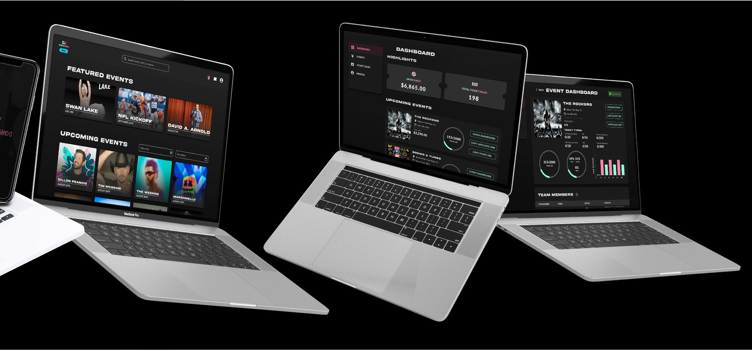 Multiple open laptops displaying various dashboards and event management interfaces on a black background.
