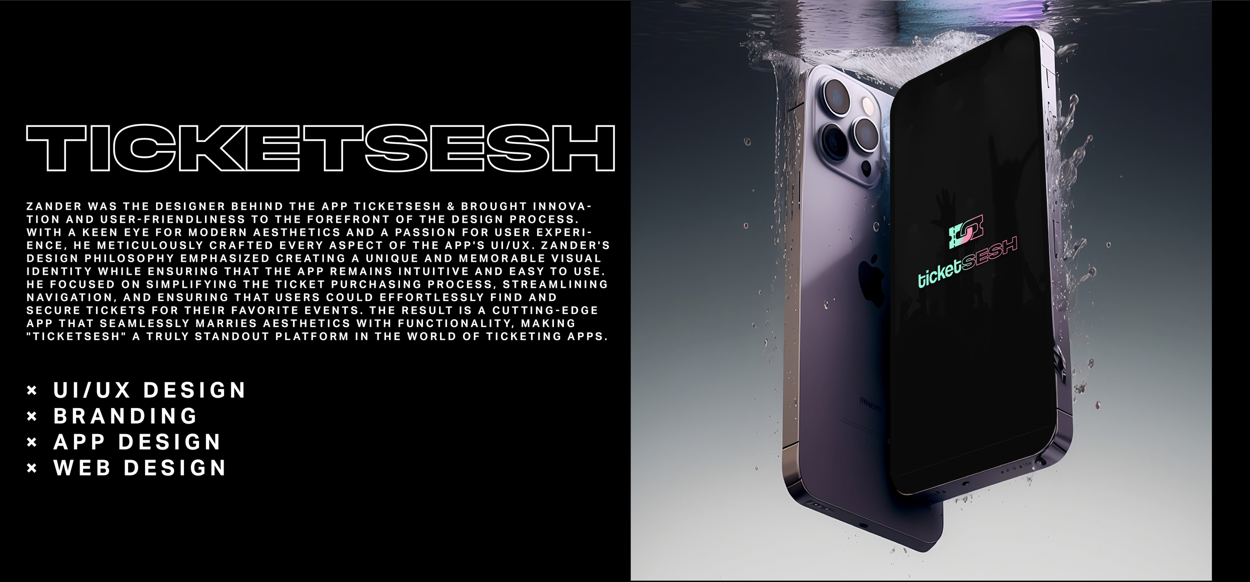 Comparison of a smartphone and a tablet, both displaying the ticketSESH app logo, surrounded by water splashes, with a black background and accompanying descriptive text about the app's design and features.