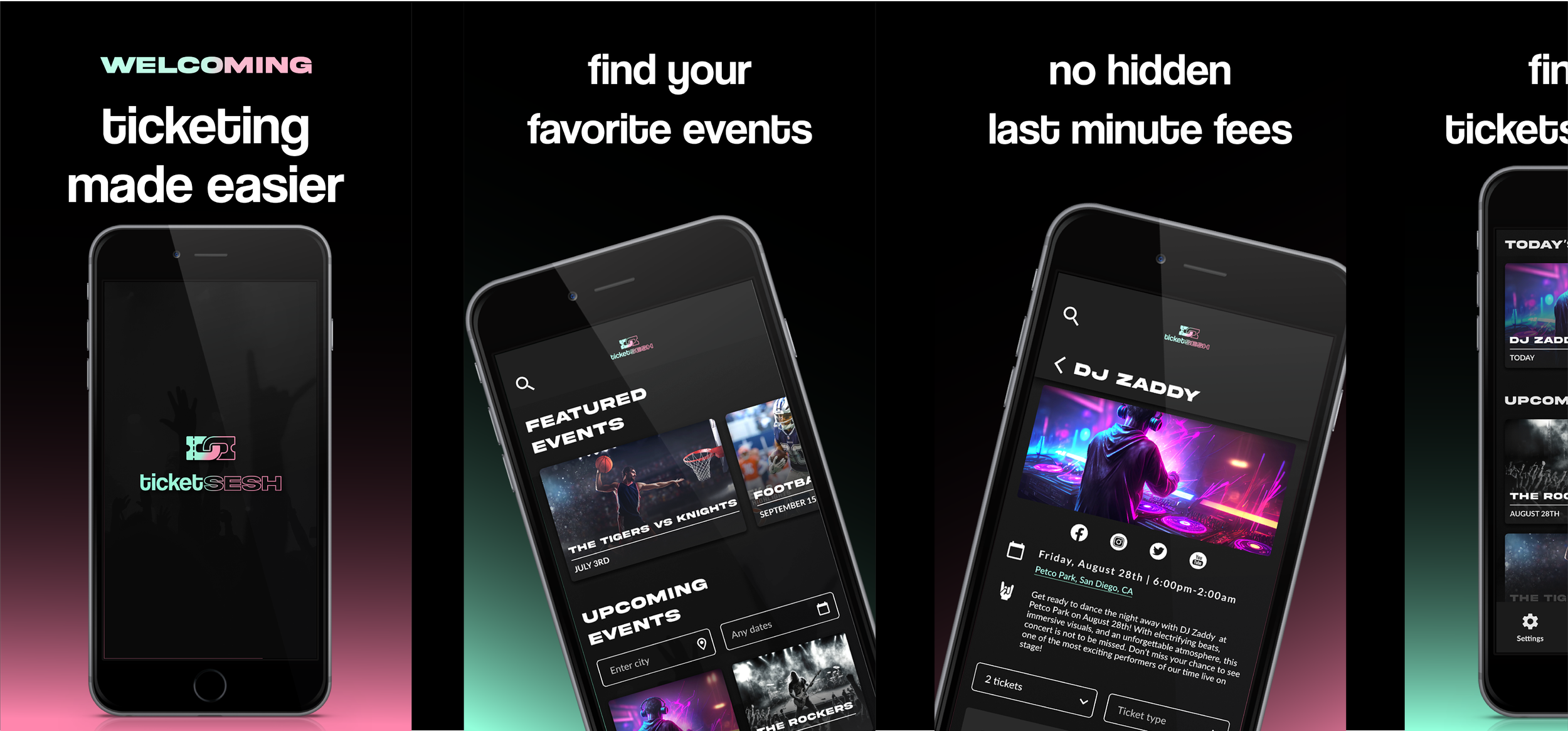 Screenshots of a mobile app interface for Ticket SESH, showing features like event listings, upcoming events, and ticket booking, with app branding and design elements in black, pink, and teal colors.