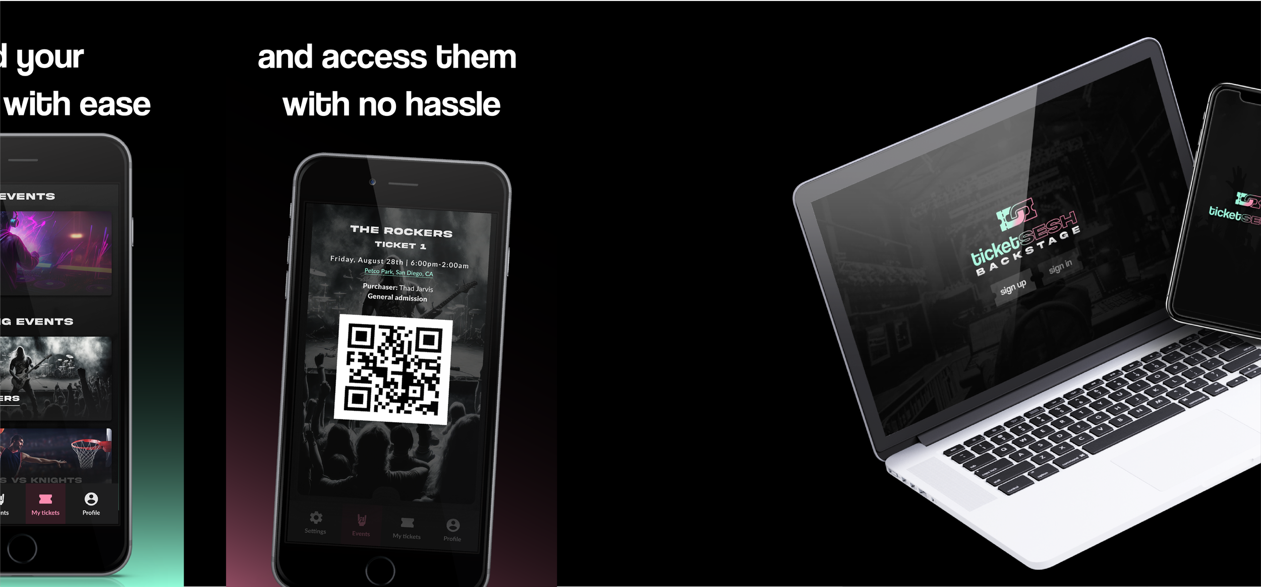 Digital devices displaying Ticket Sesh Backstage app for event tickets and management