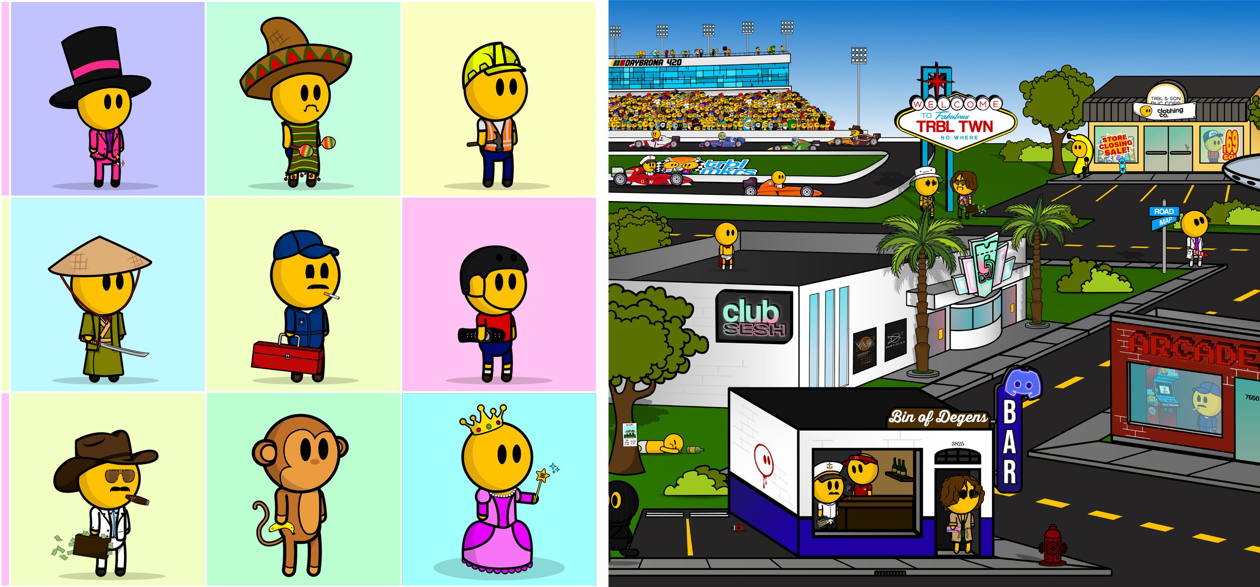 Grid of various cartoon emoji characters dressed as different professions and costumes, including a detective, chef, construction worker, pirate, cowboy, monkey, and princess, alongside a detailed comic-style illustration of a city street with a race