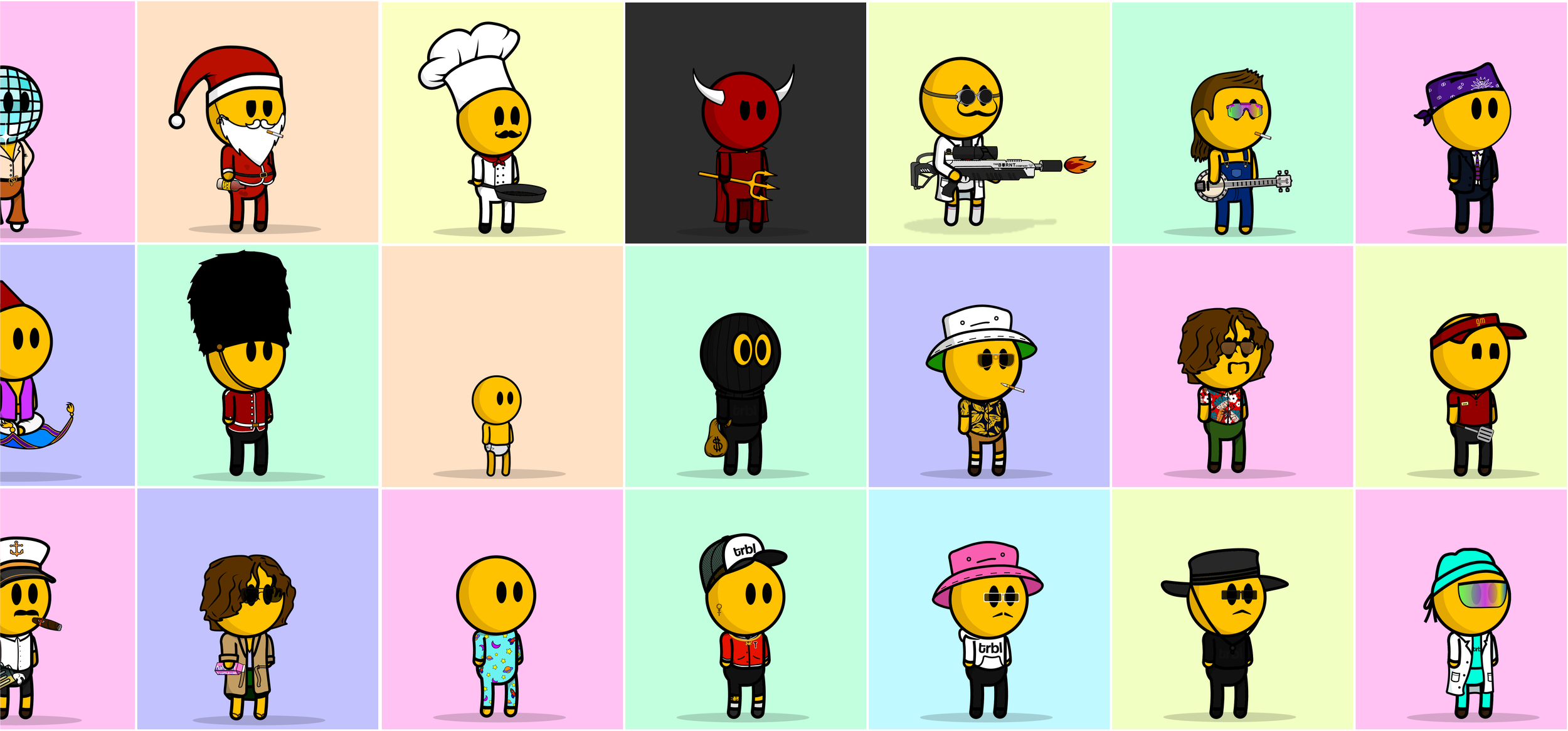 A colorful grid of cartoon yellow characters dressed in various outfits, including holiday costumes, casual wear, and costumes representing hobbies and professions, with some holding accessories like guns, cigarettes, or bags.