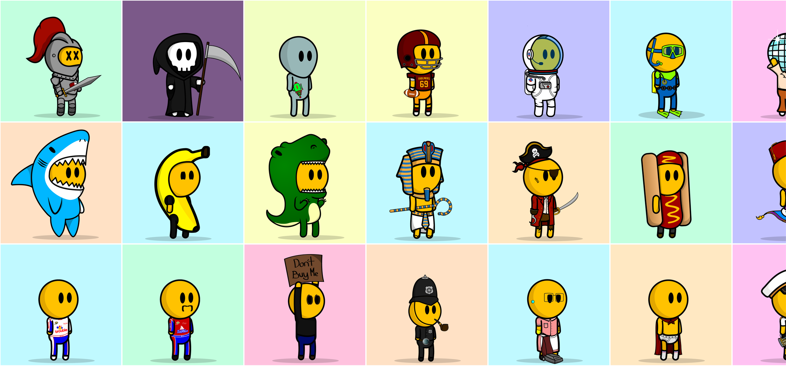 Grid of cartoon characters dressed in various costumes, including a knight, grim reaper, astronaut, football player, shark, banana, dinosaur, Egyptian pharaoh, pirate, hot dog, and others, with colorful backgrounds.