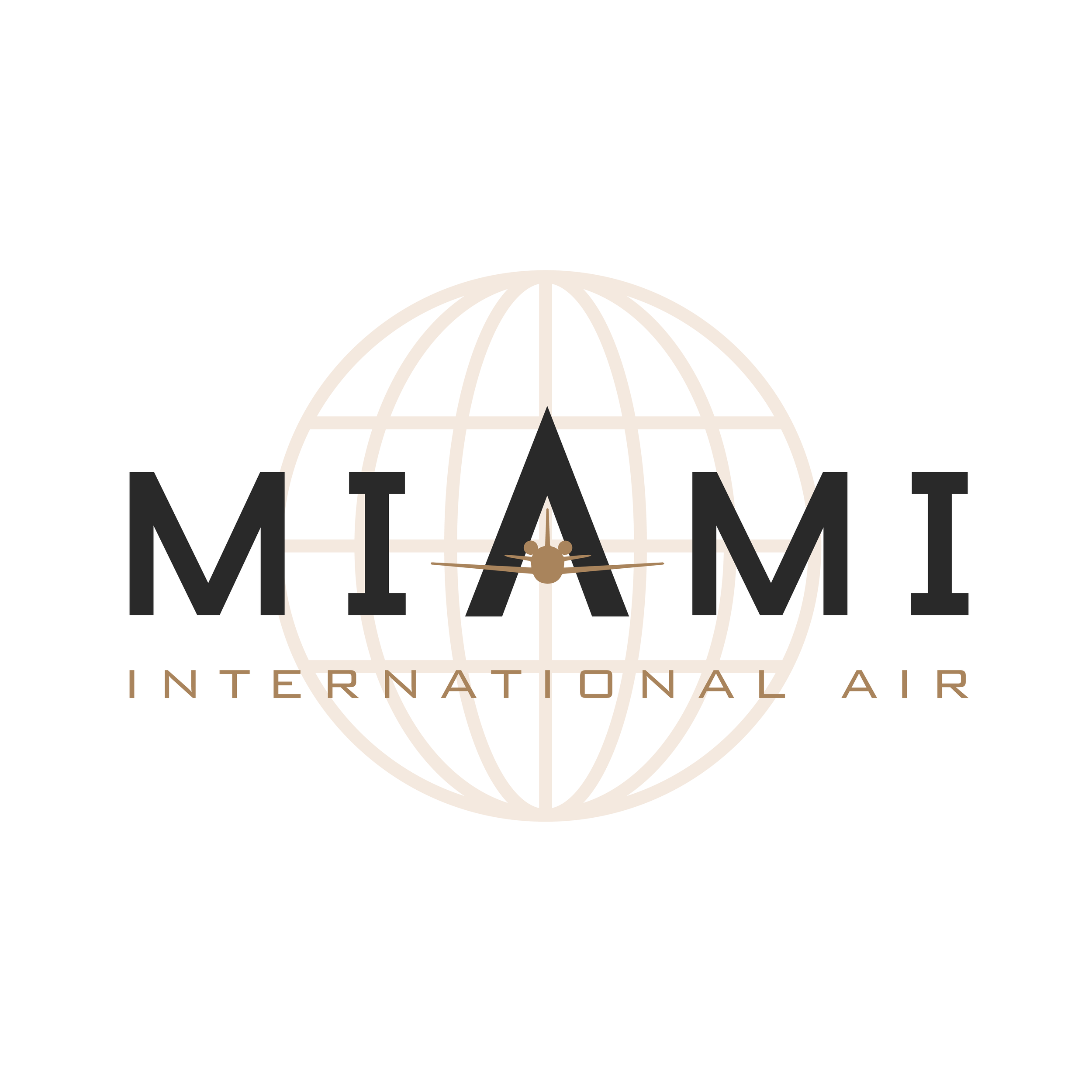 Logo for Miami International Air, featuring a globe with a small airplane icon in the center and stylized text.