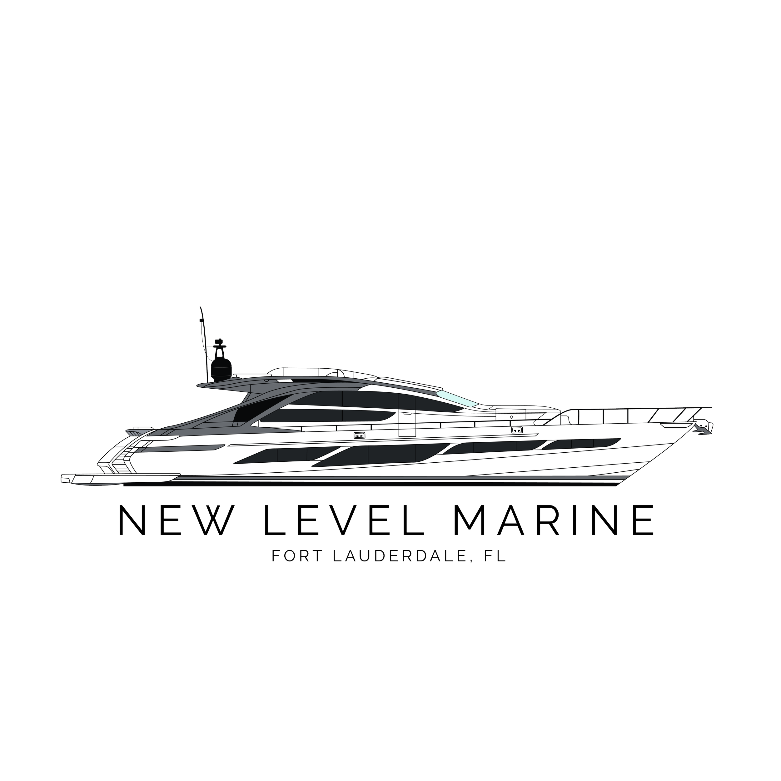 Line drawing of a luxury yacht with the text 'New Level Marine, Fort Lauderdale, FL' underneath.