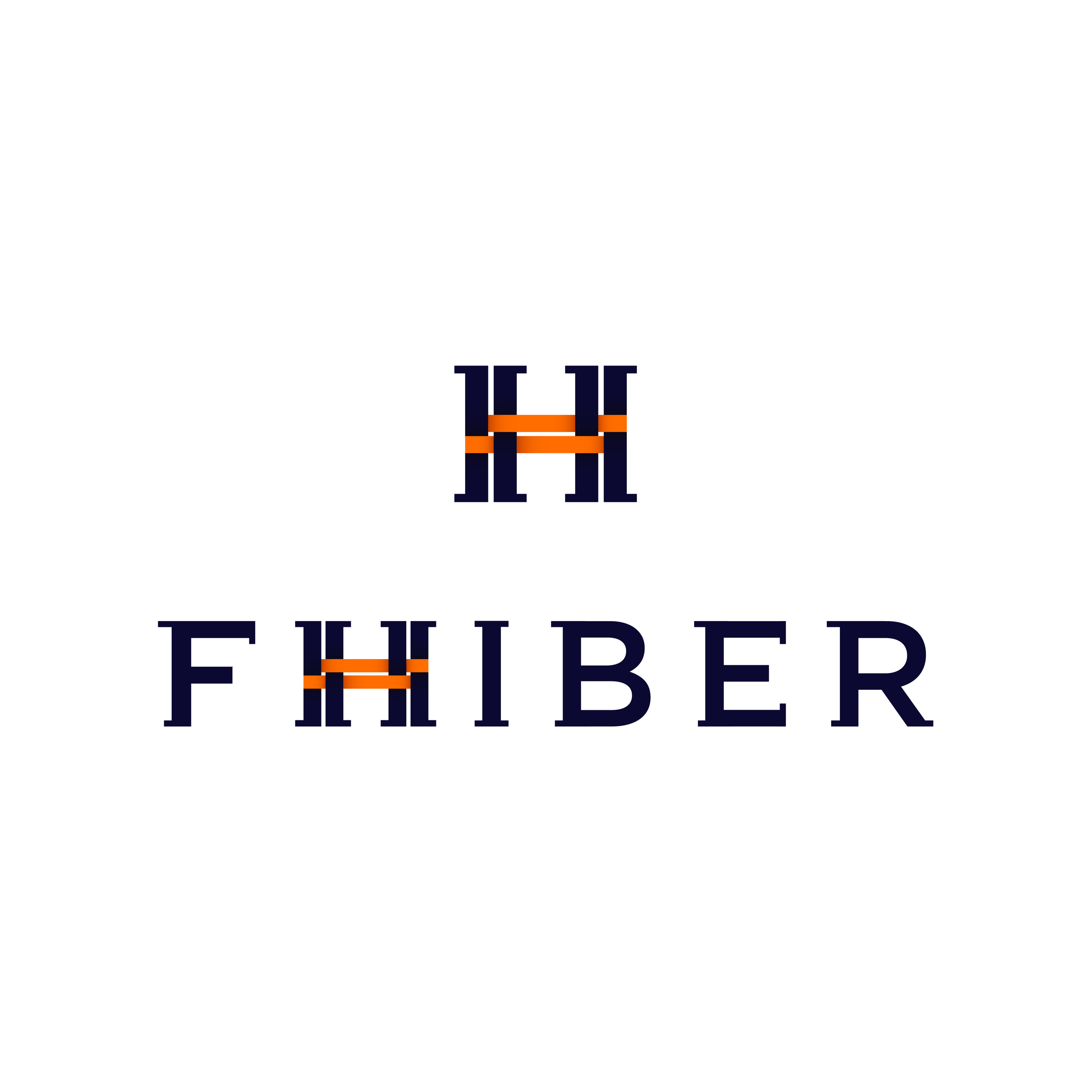 Logo with a stylized letter H in black with orange straps above and below, and the word 'FIBER' in black capital letters with the letter H incorporated into the design.