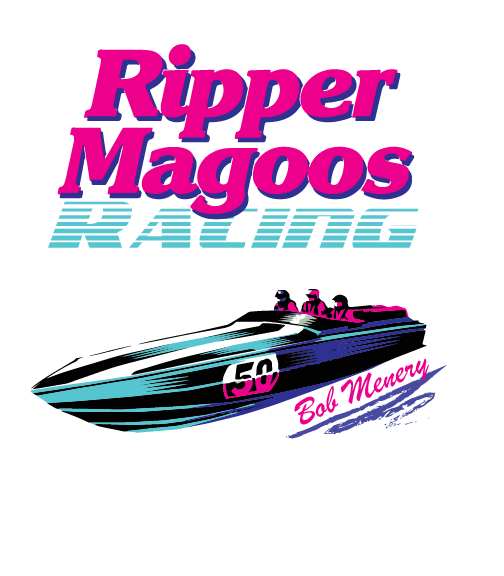 Vintage racing logo for Ripper Magoo's Racing featuring a speedboat with the number 50, stylized racing text, and the name Bob Mowery.