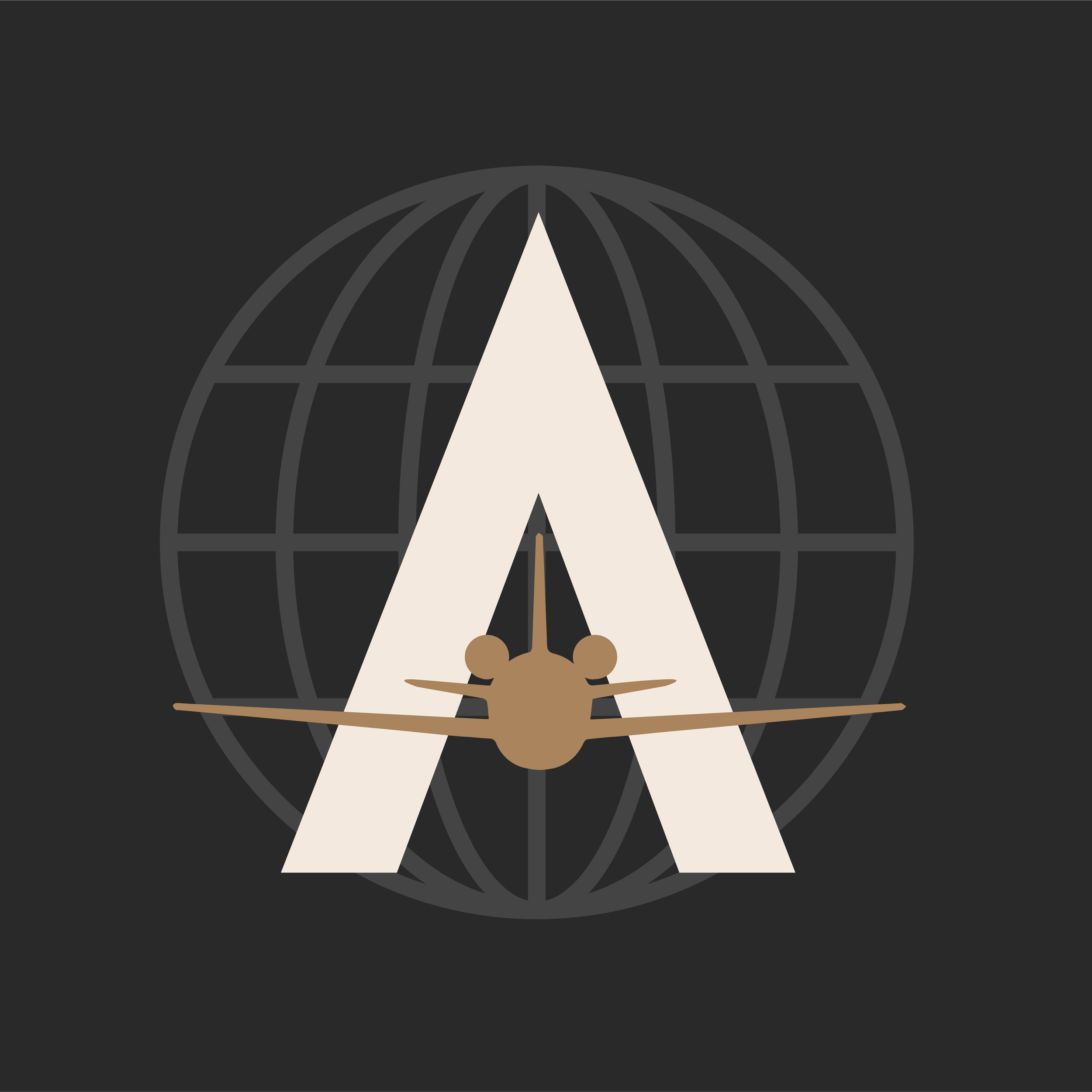Graphic illustration of an airplane flying in front of a globe with a large letter A in the background, on a dark background.