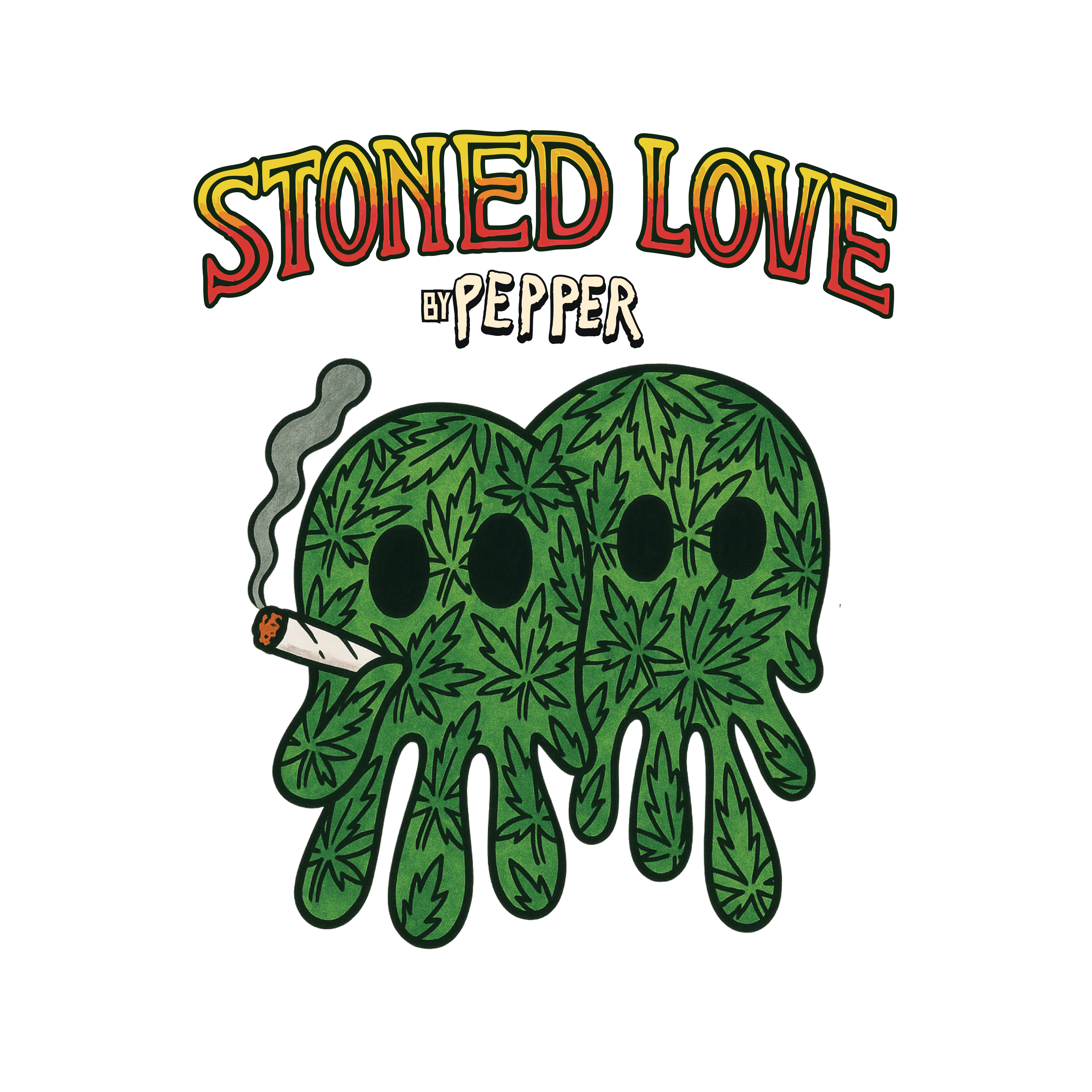 Illustration of a green skull made of cannabis leaves with black eye sockets, smoking a joint with smoke rising, and the words "Stoned Love" in red and yellow text above, and "by Pepper" below.