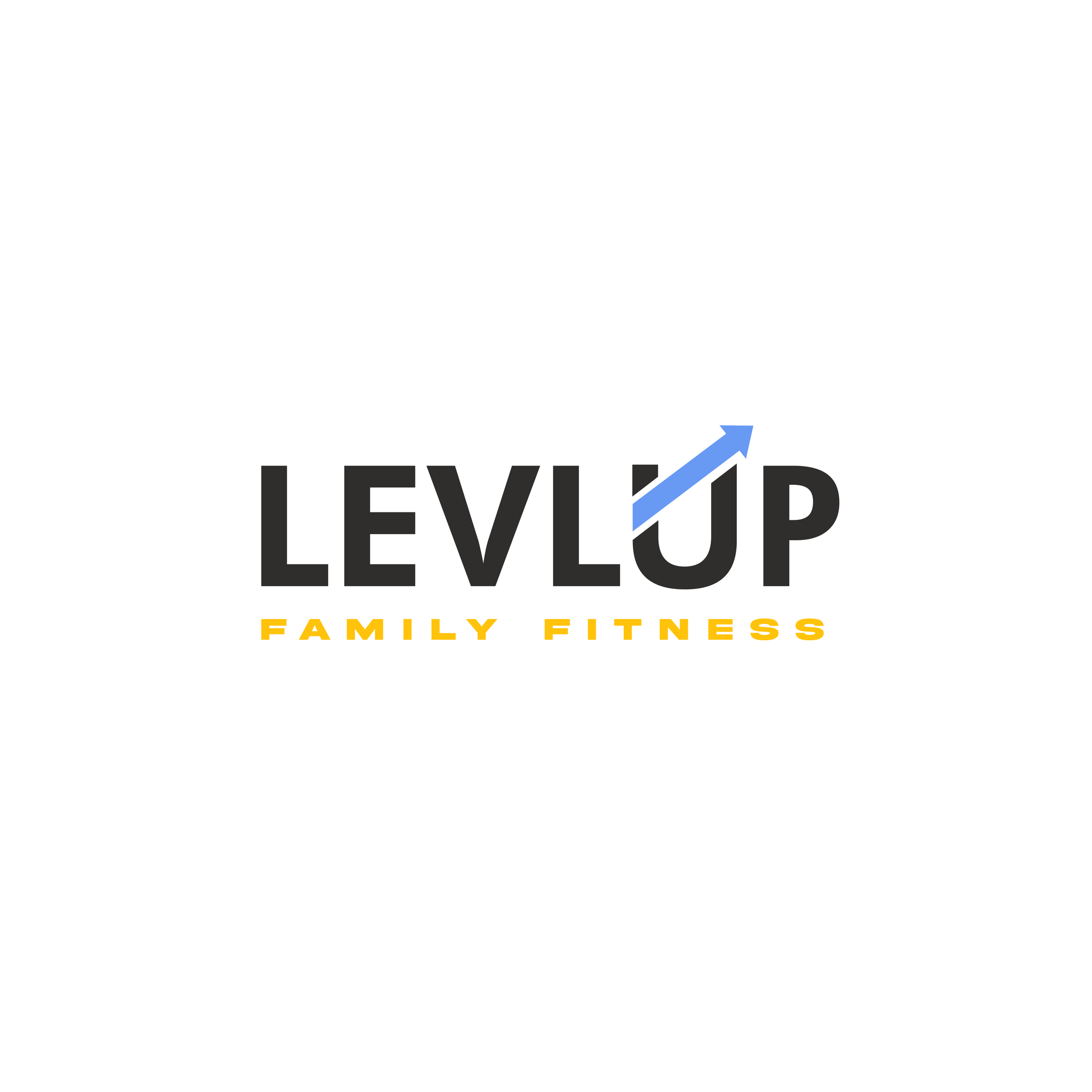 Logo for Level Up Family Fitness with the words 'Level Up' in black and a rising arrow integrated into the 'U', and 'Family Fitness' in yellow below