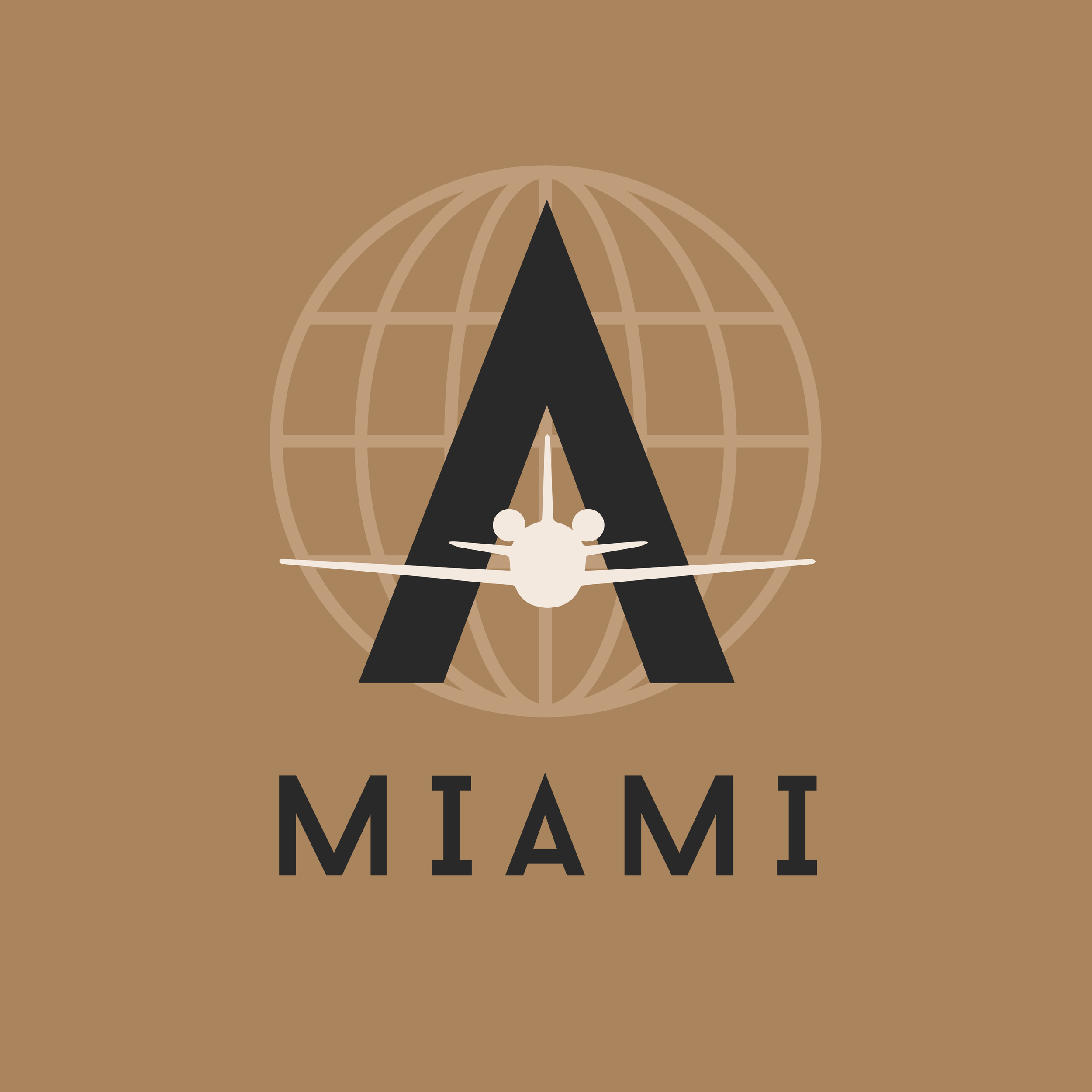 A stylized logo with a black letter 'A' over a globe background, featuring a white airplane crossing the 'A' horizontally, and the word 'MIAMI' in black capital letters beneath.